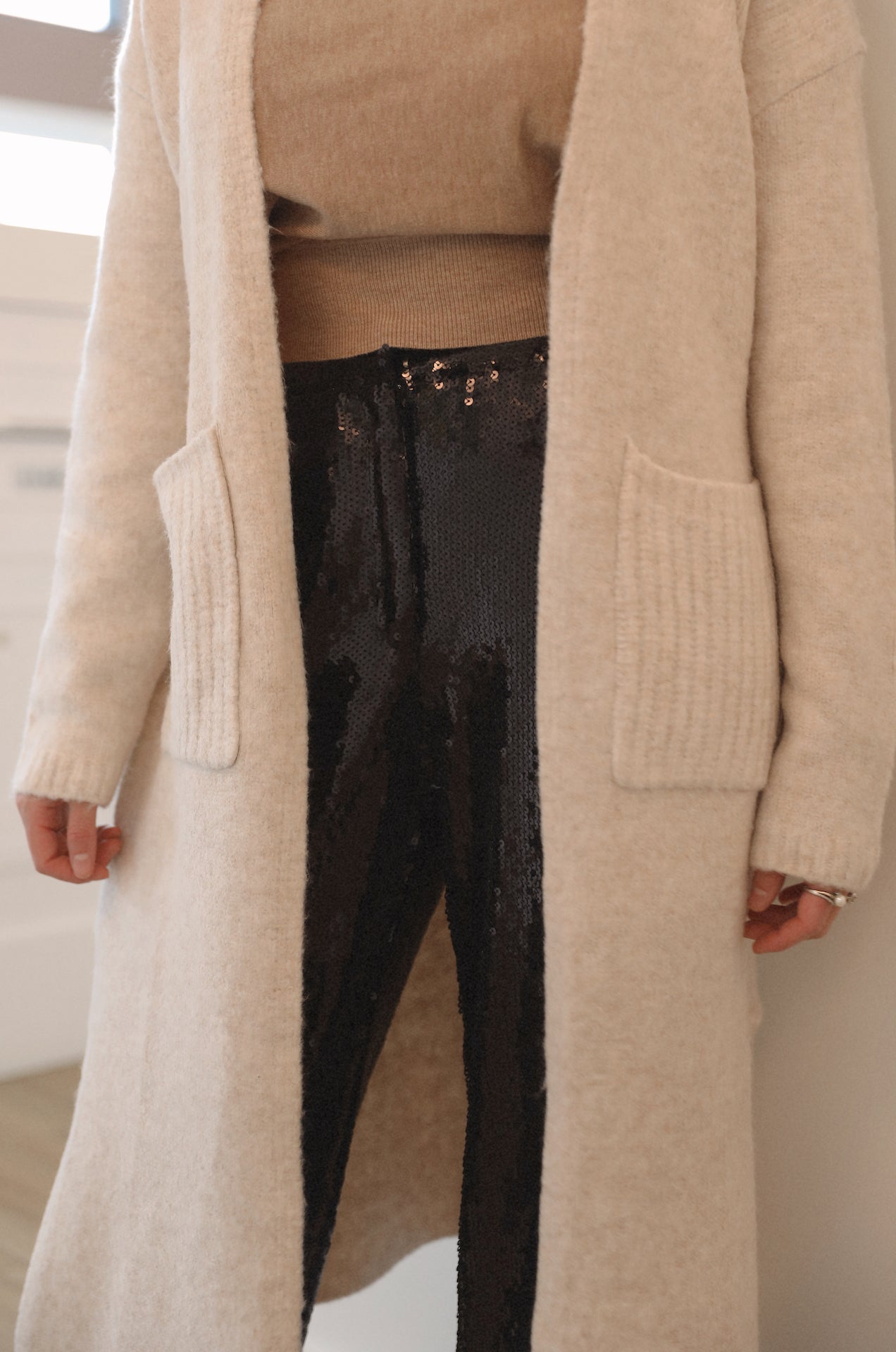 taupe beige maxi cardigan with long sleeve and front pockets