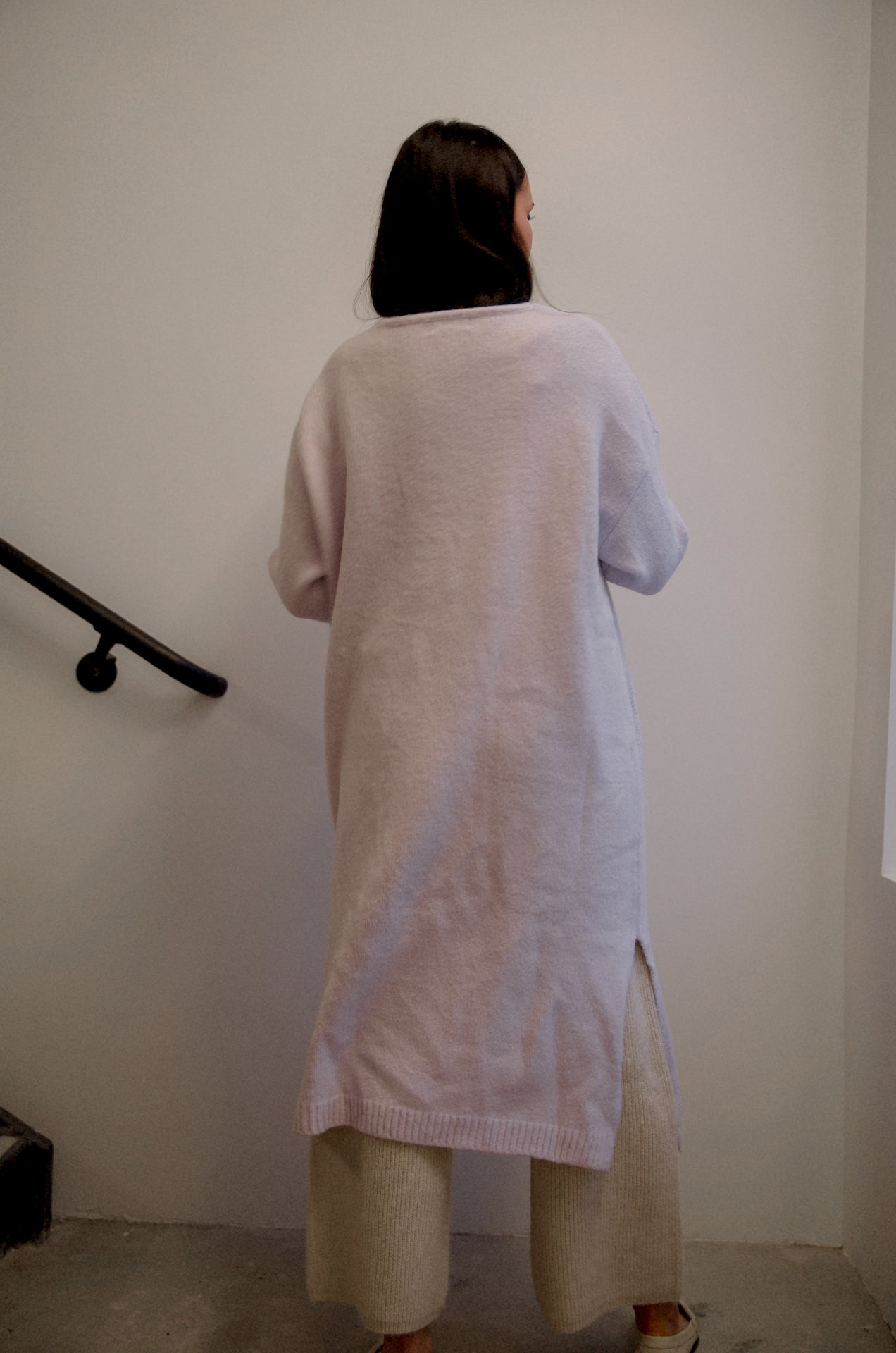 lavender long open front cardigan sweater with side slits