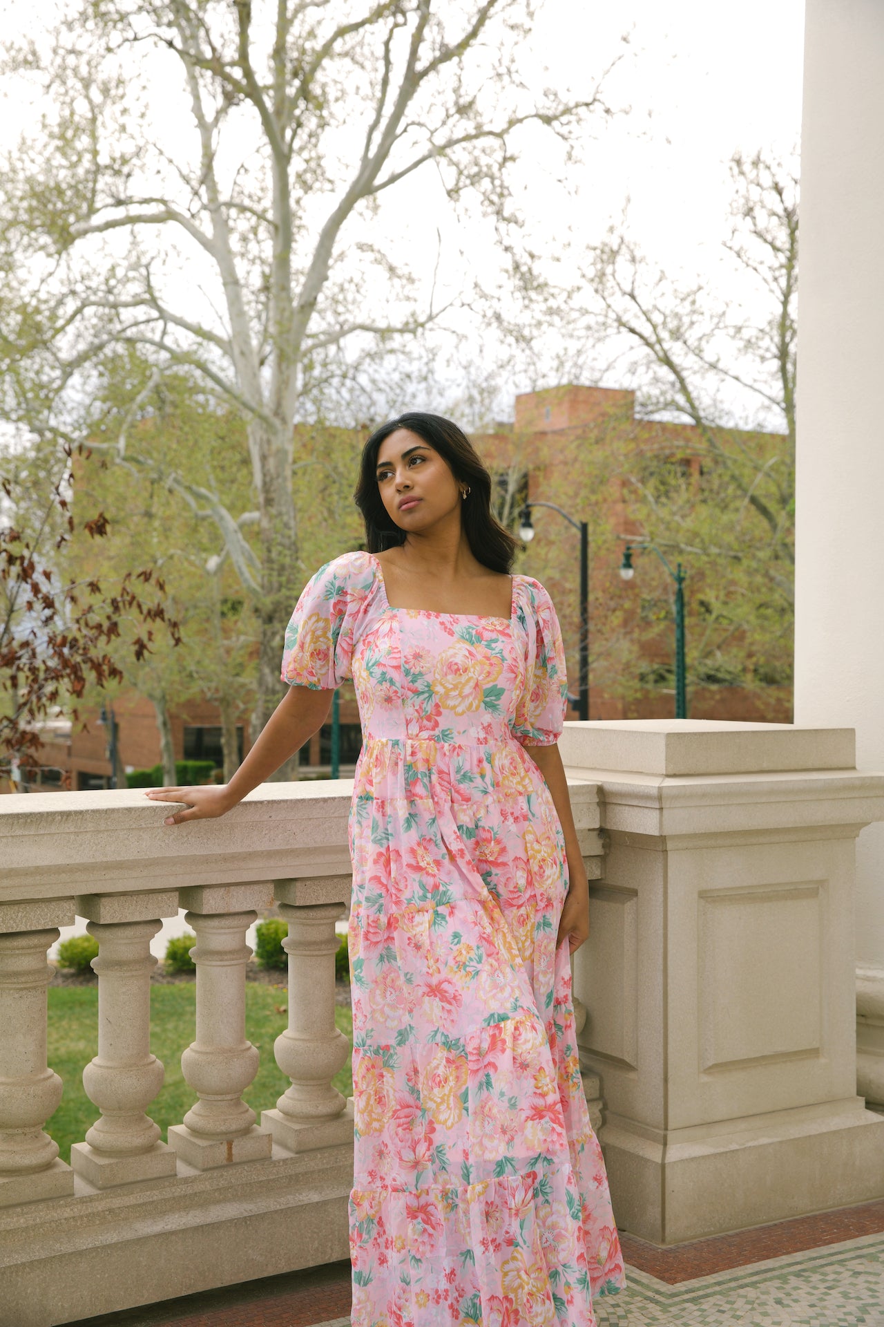 chiffon pink floral maxi dress with puff sleeves and a square neckline