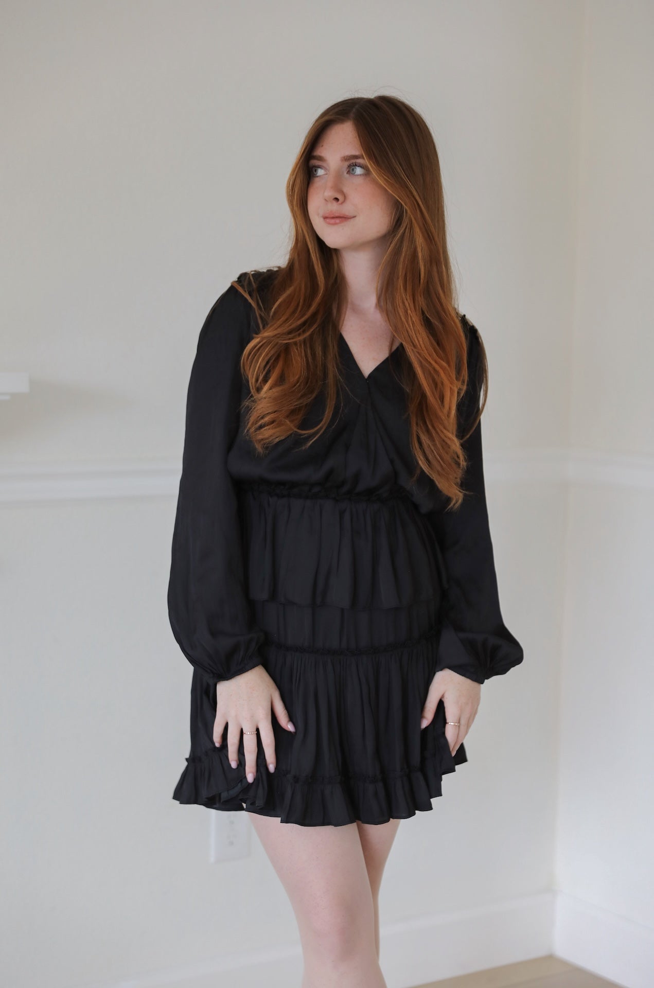 Surplice Tiered Mini Dress - Black