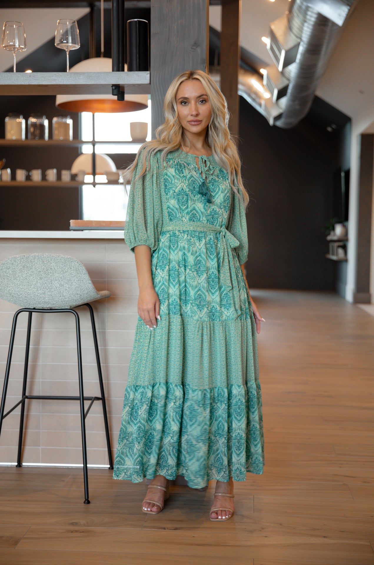 teal paisley print midi maxi tiered dress