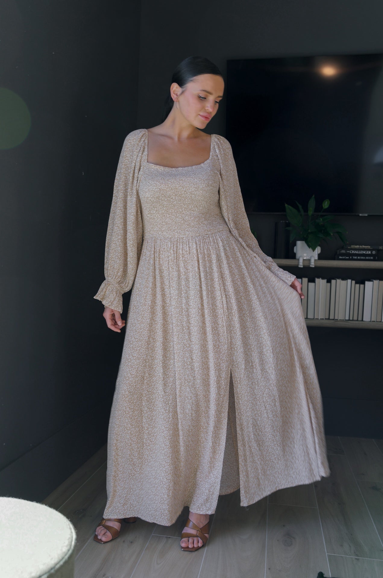 Beige Floral Square Neck Maxi Dress L Beige Floral Square Neck Maxi Dress L