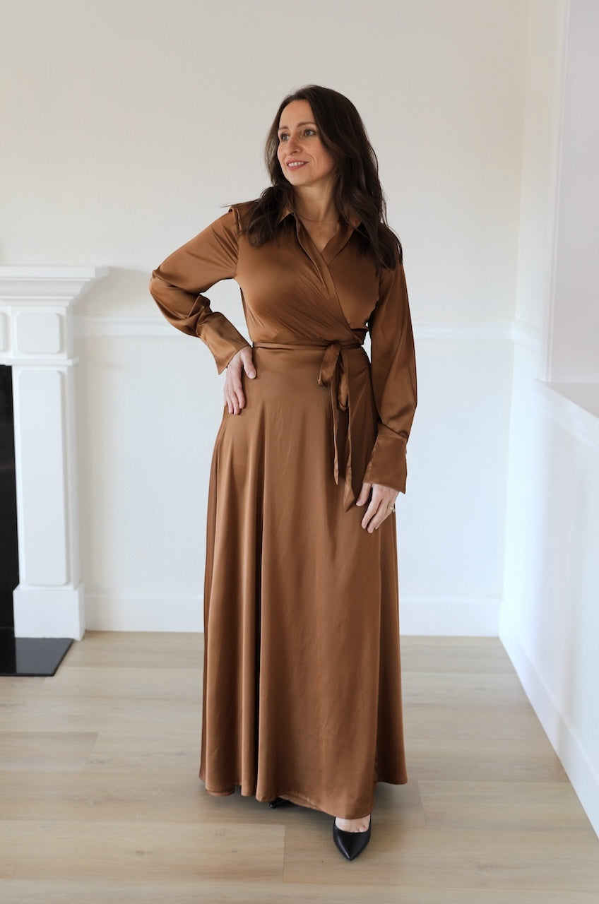 Bronze satin wrap maxi dress with collar and long sleeves
