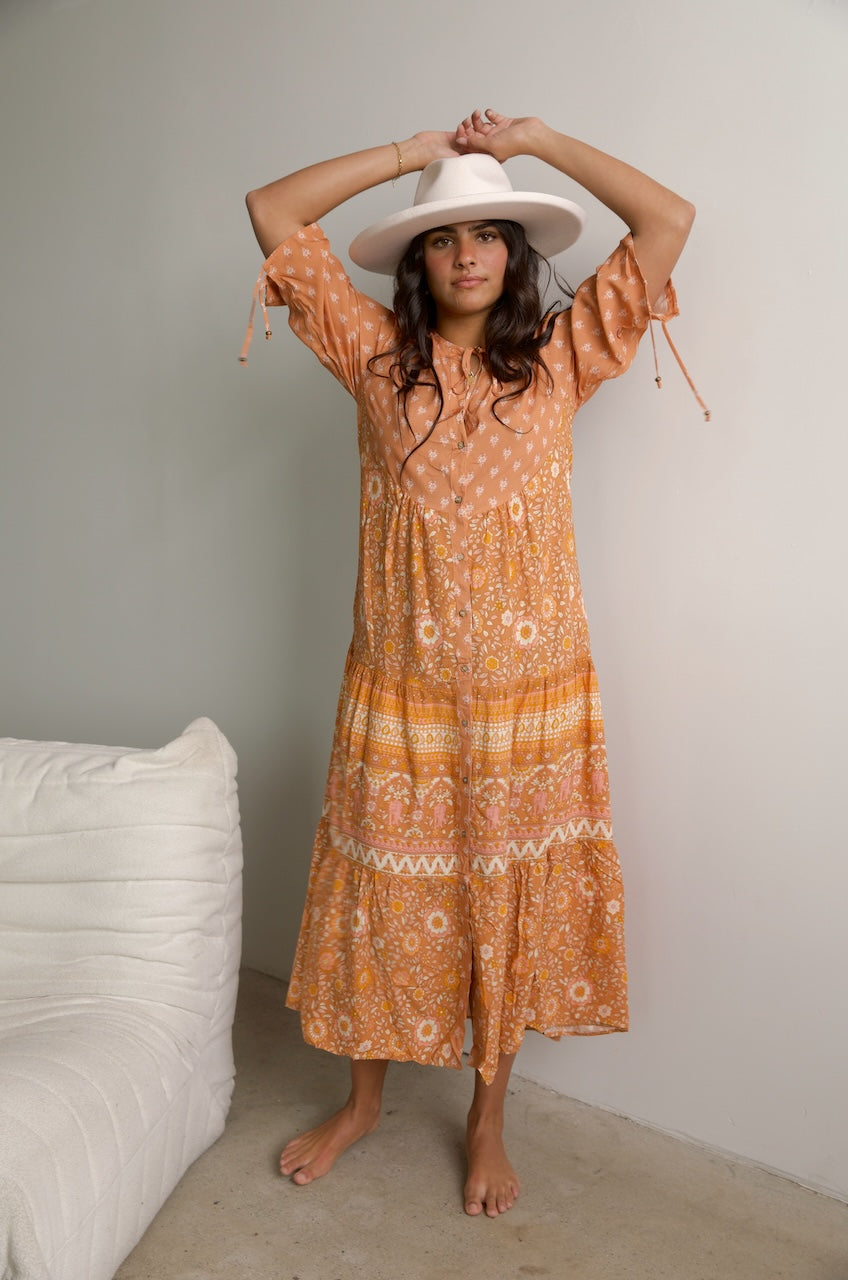 Orange Boho Floral Shirt Dress