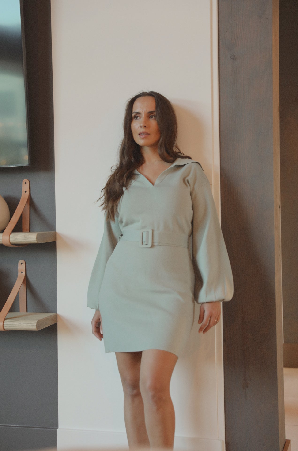 mint belted sweater dress with long sleeves