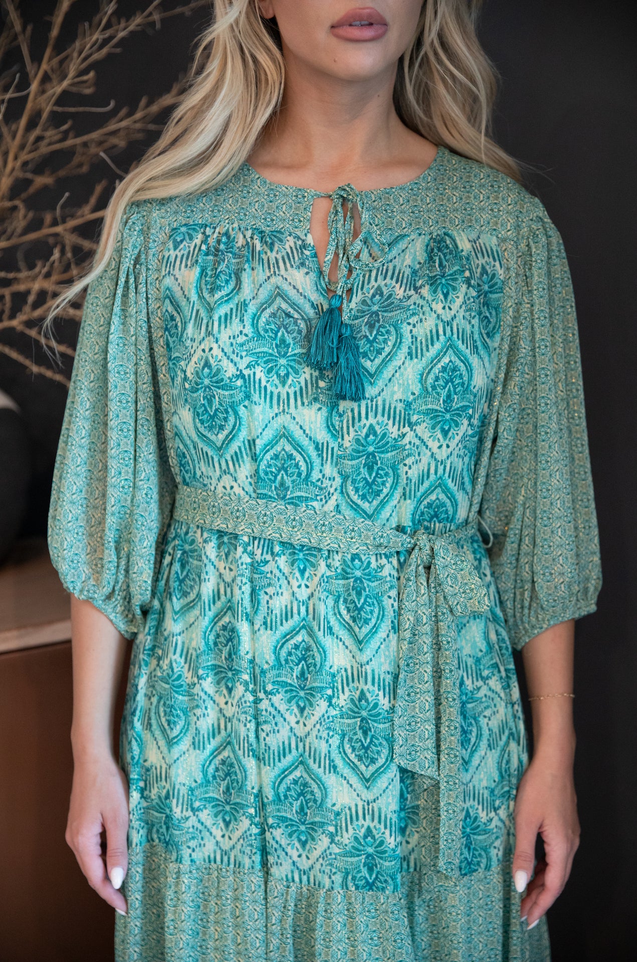 teal paisley print midi maxi tiered dress