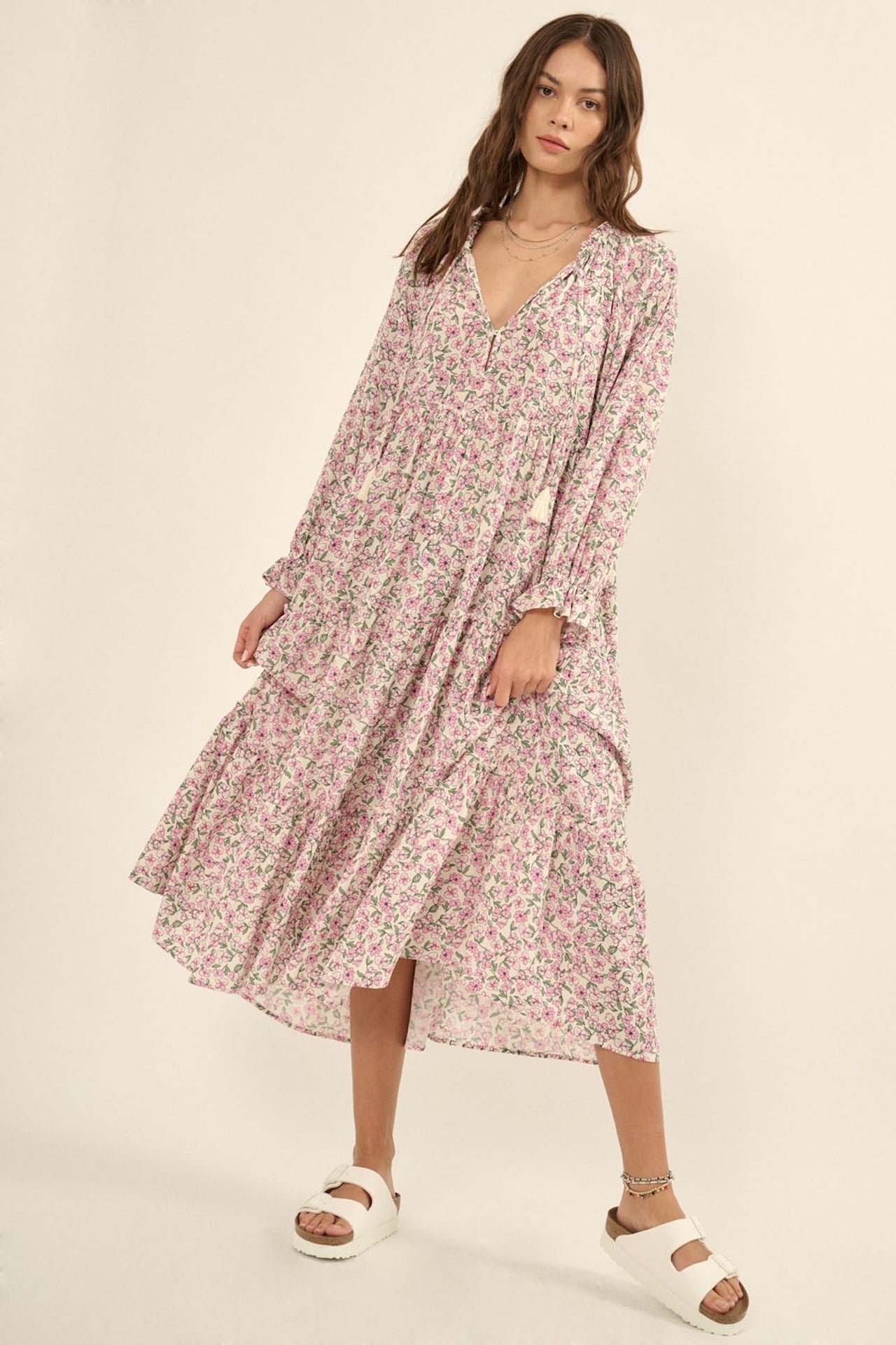 Pink floral print boho long sleeve tiered midi dress