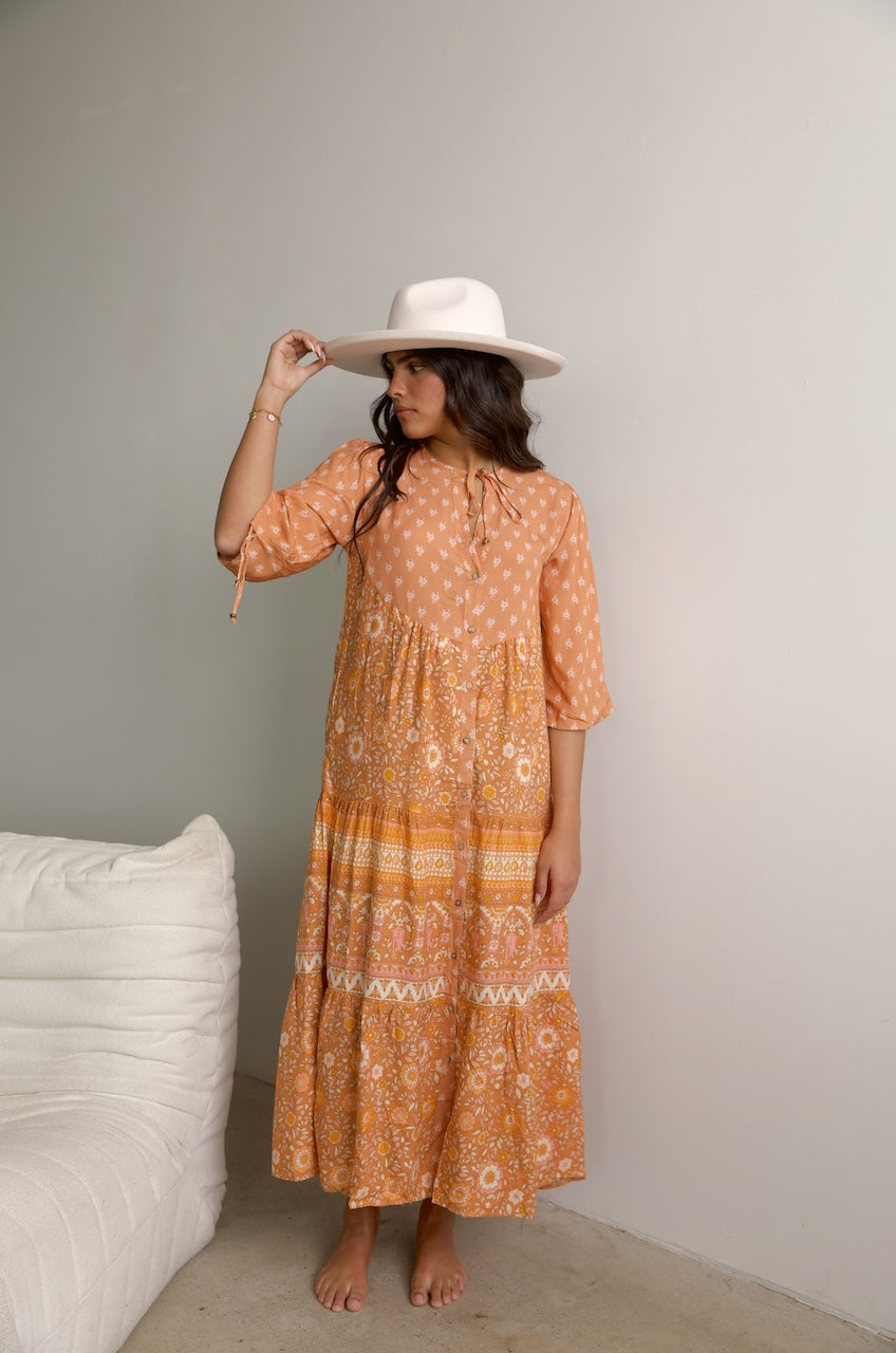 Orange Boho Floral Shirt Dress