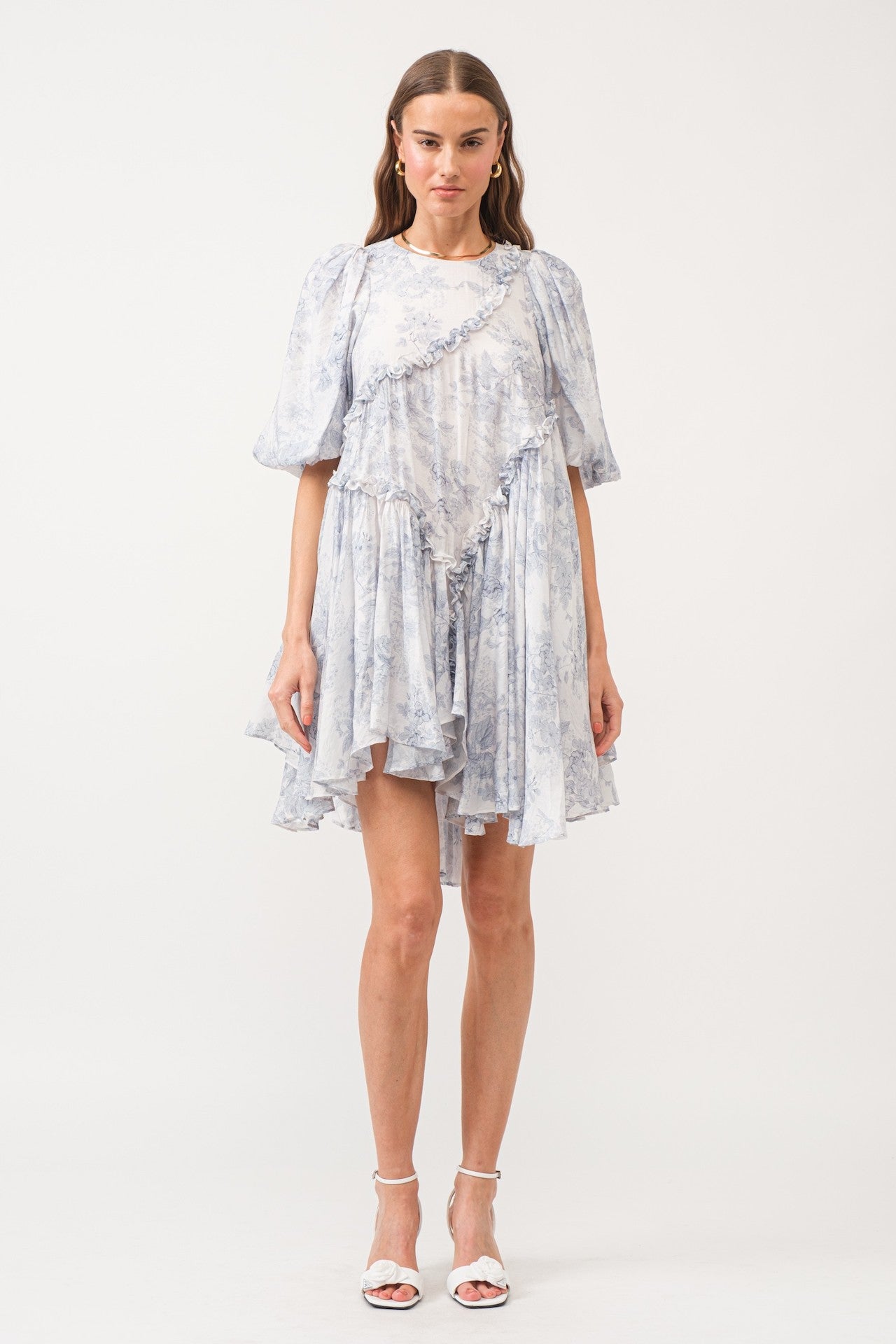 blue and white toile asymmetrical mini dress