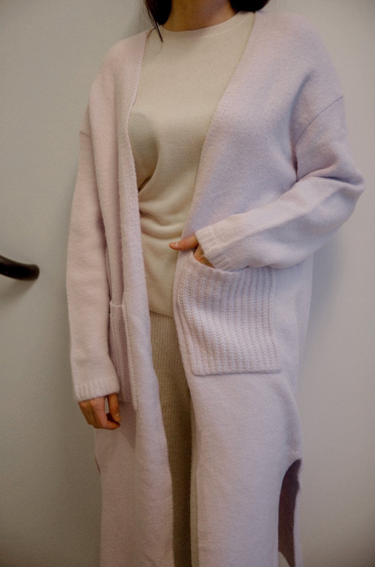 lavender long open front cardigan sweater with side slits