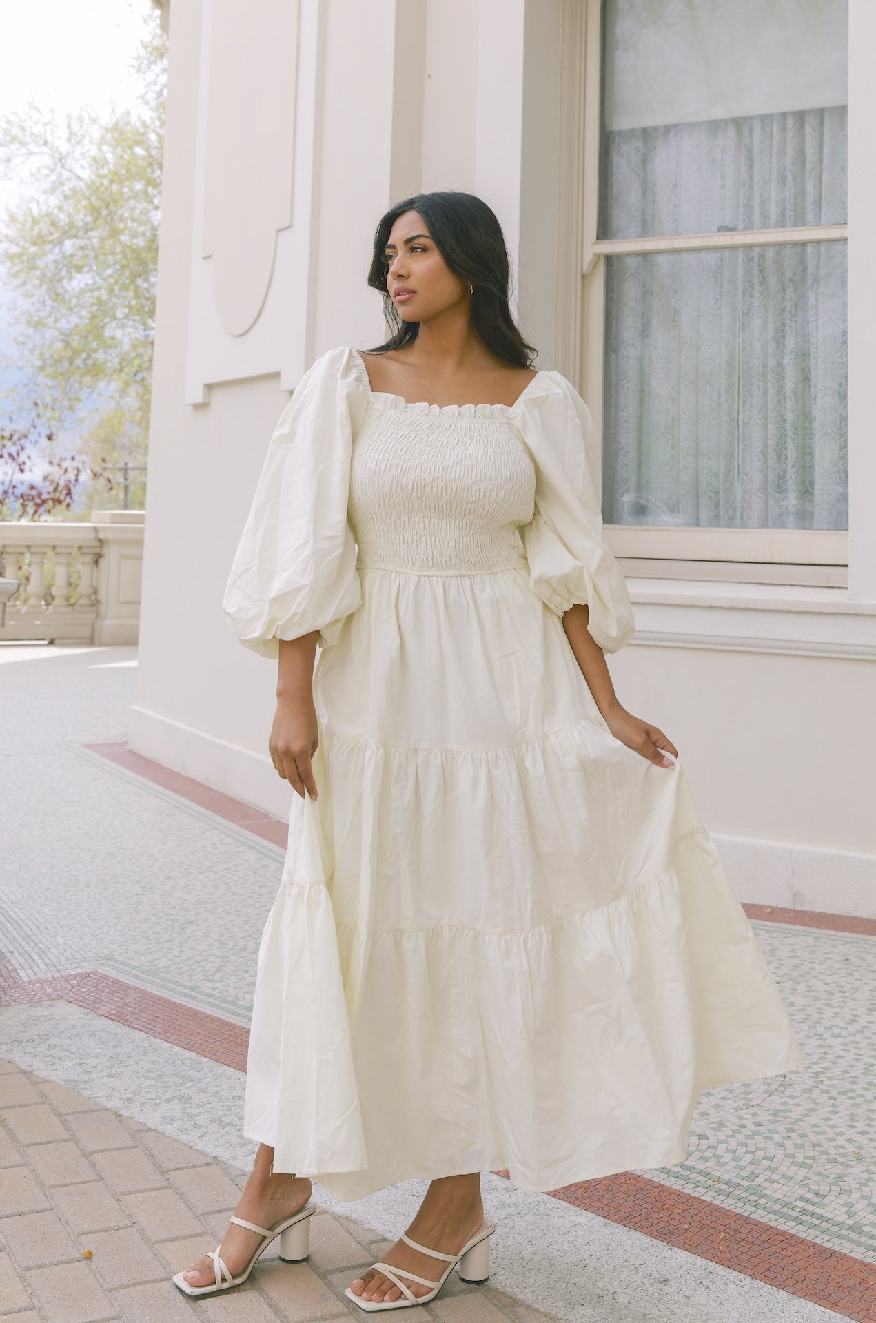 cream puff sleeve tiered midi dress with back tie