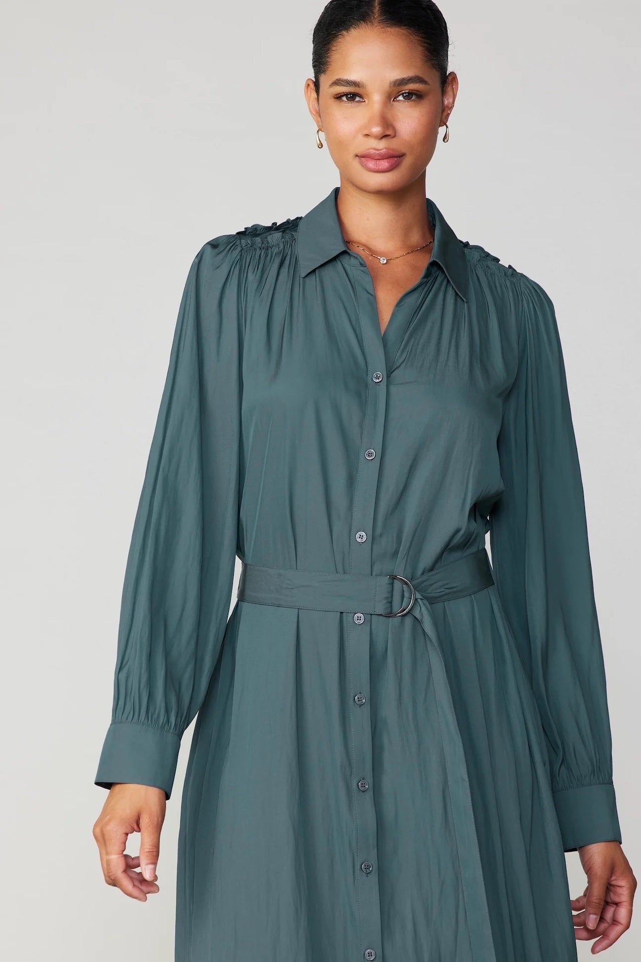 forest green midi long sleeve dress with a belt and button down style