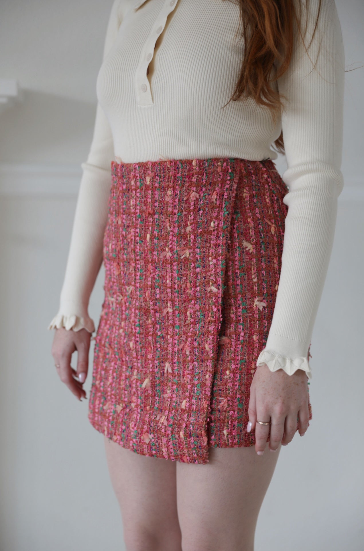 multicolor pink tweed mini skirt