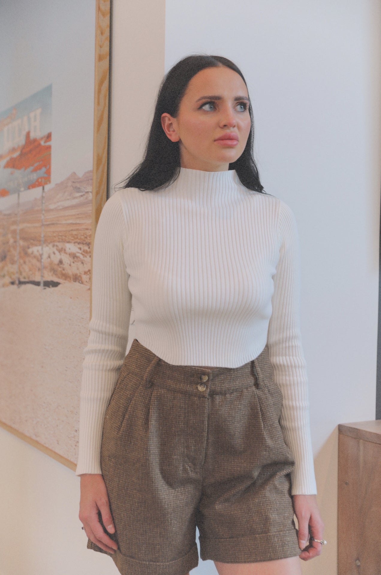 white ribbed mock neck cropped sweater top