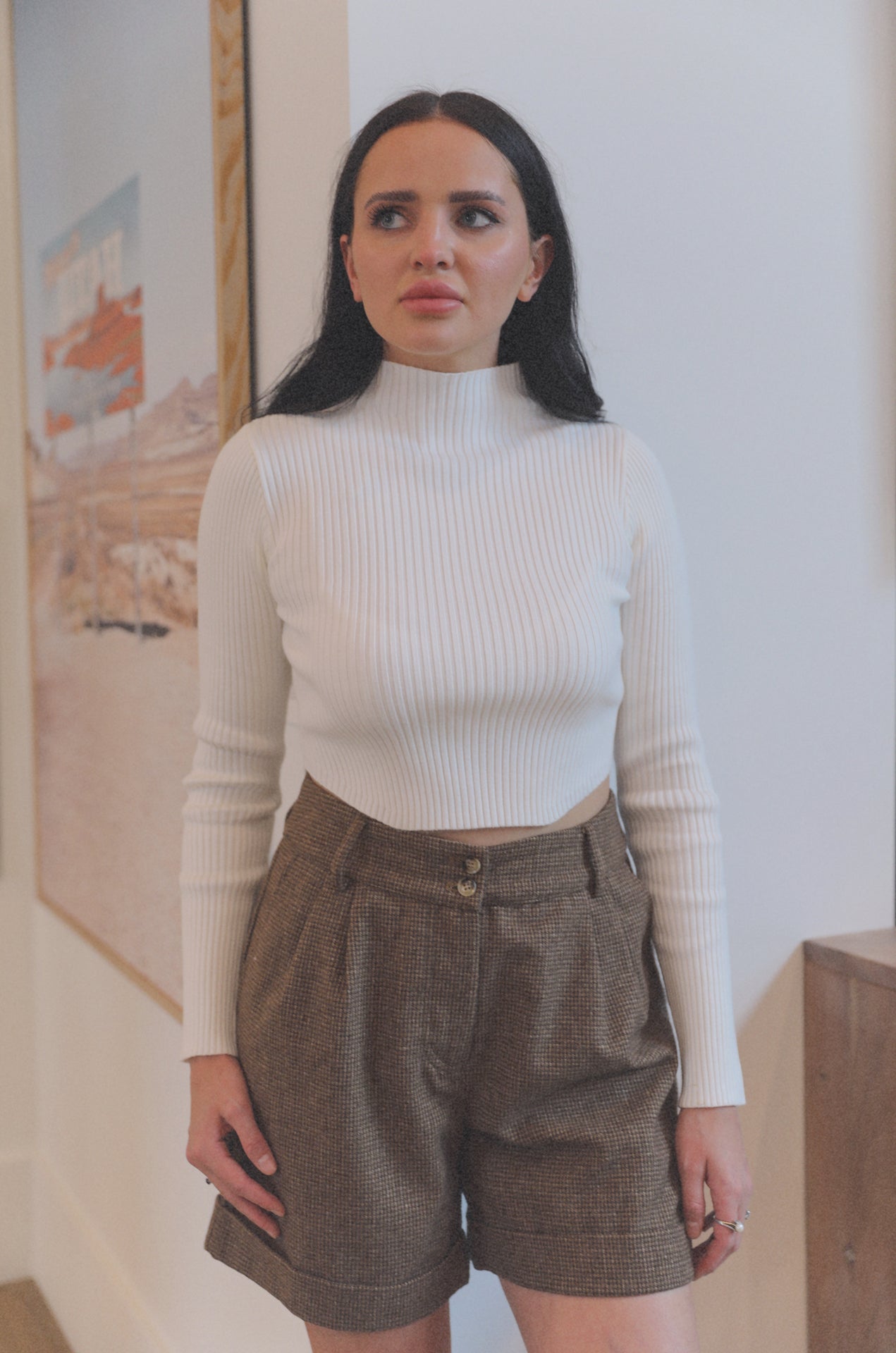 white ribbed mock neck cropped sweater top