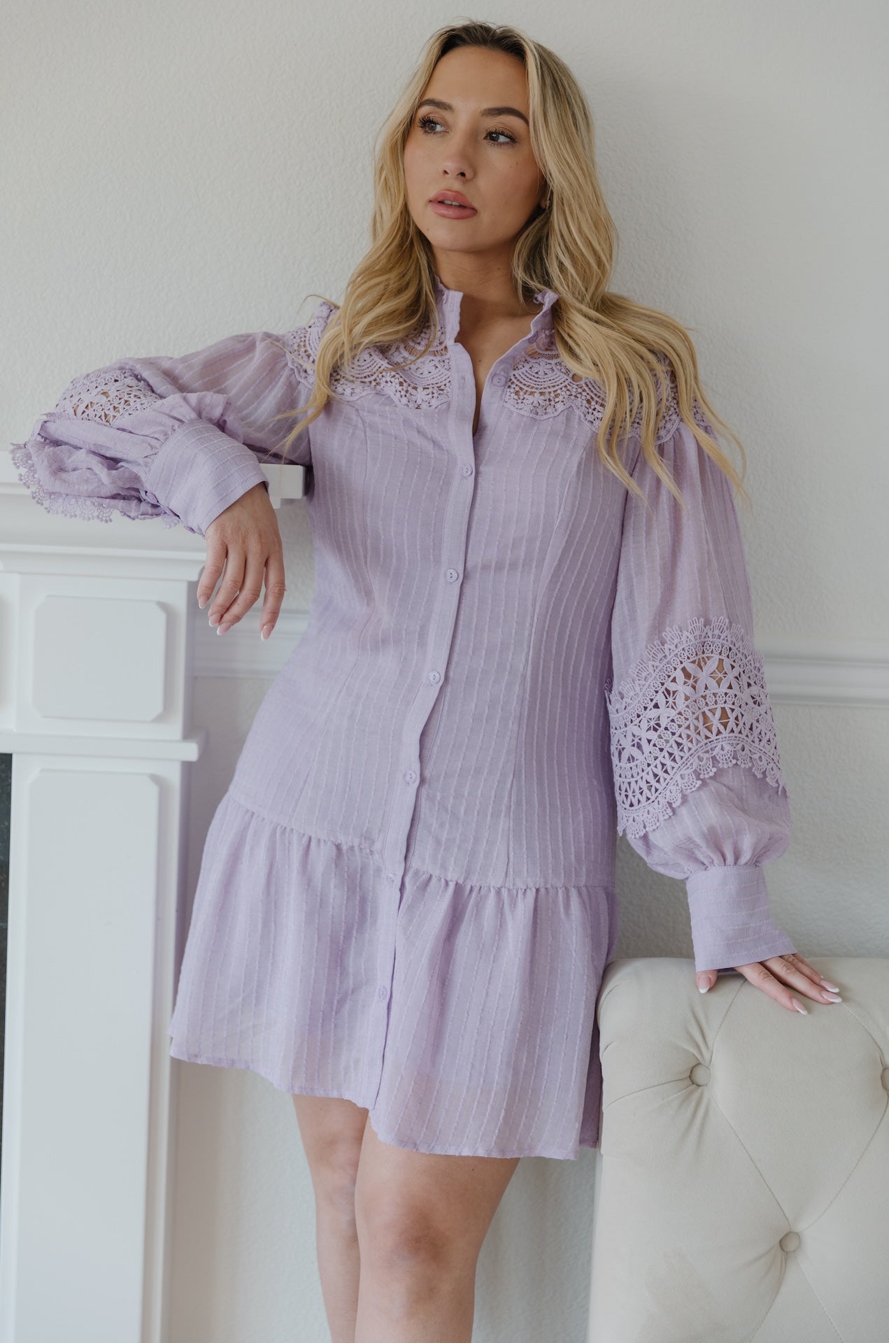 purple mini dress with lace and long sleeves