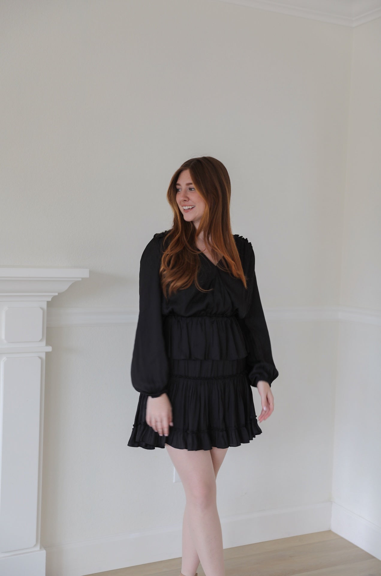 Surplice Tiered Mini Dress - Black