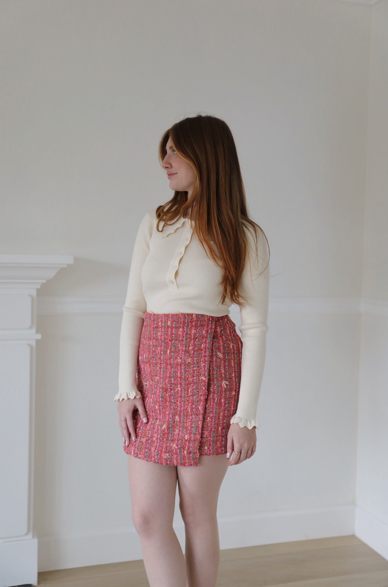multicolor pink tweed mini skirt