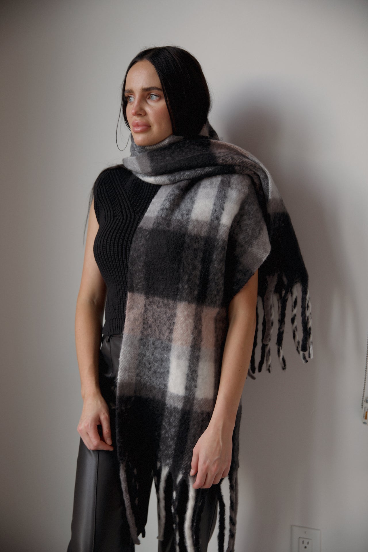 multicolor black and grey checkered plaid fringe blanket scarf