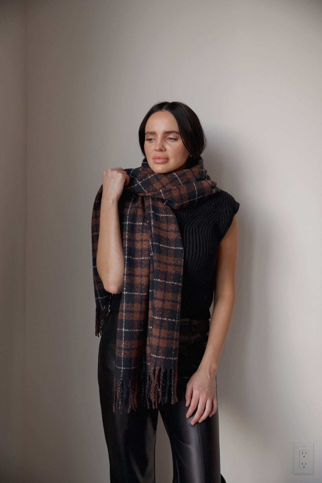 multicolor brown and blue plaid scarf