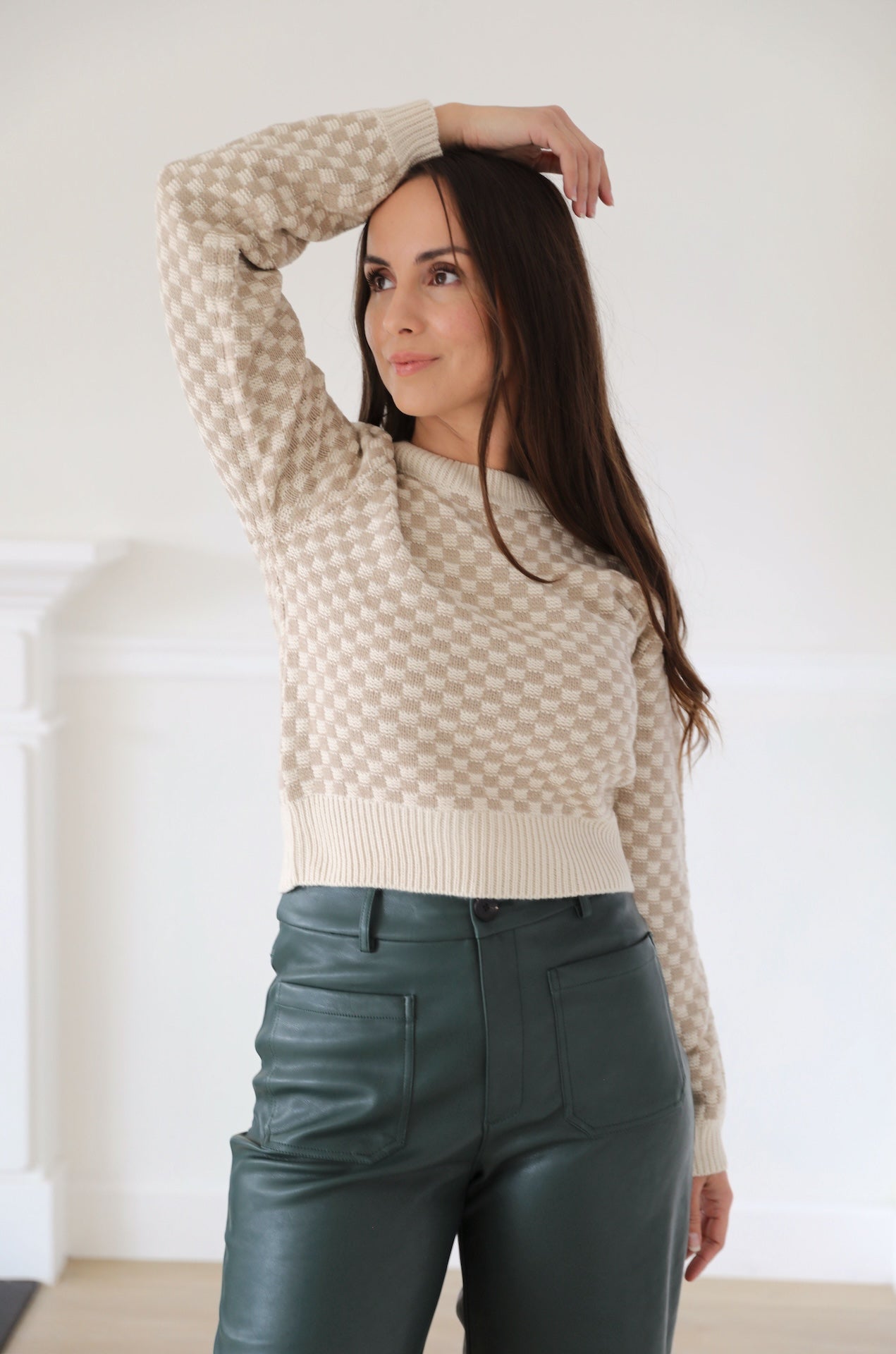 Taupe Gingham Sweater