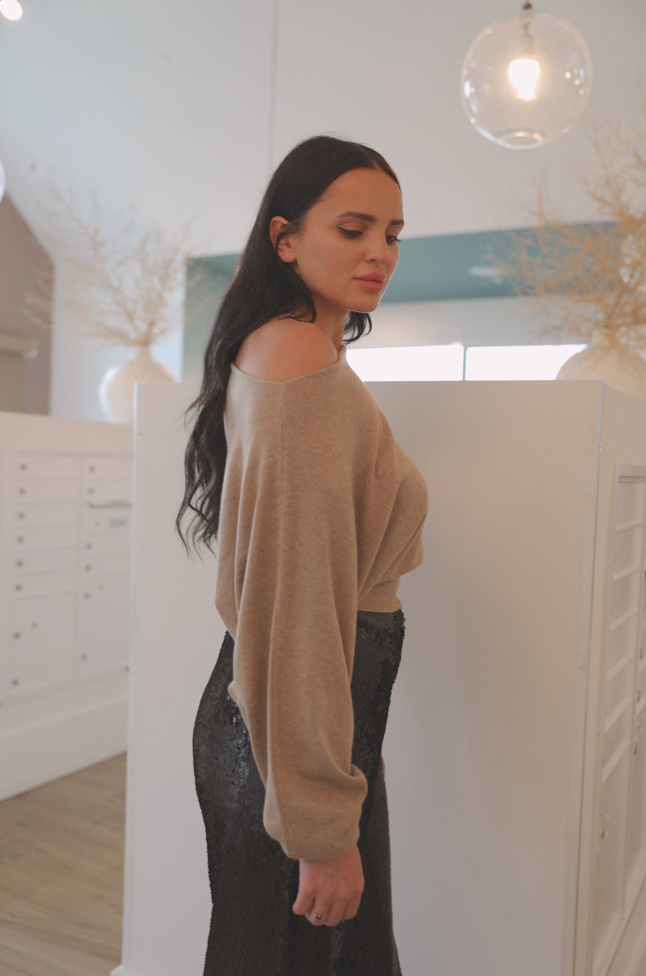 camel beige off the shoulder boat neck sweater top