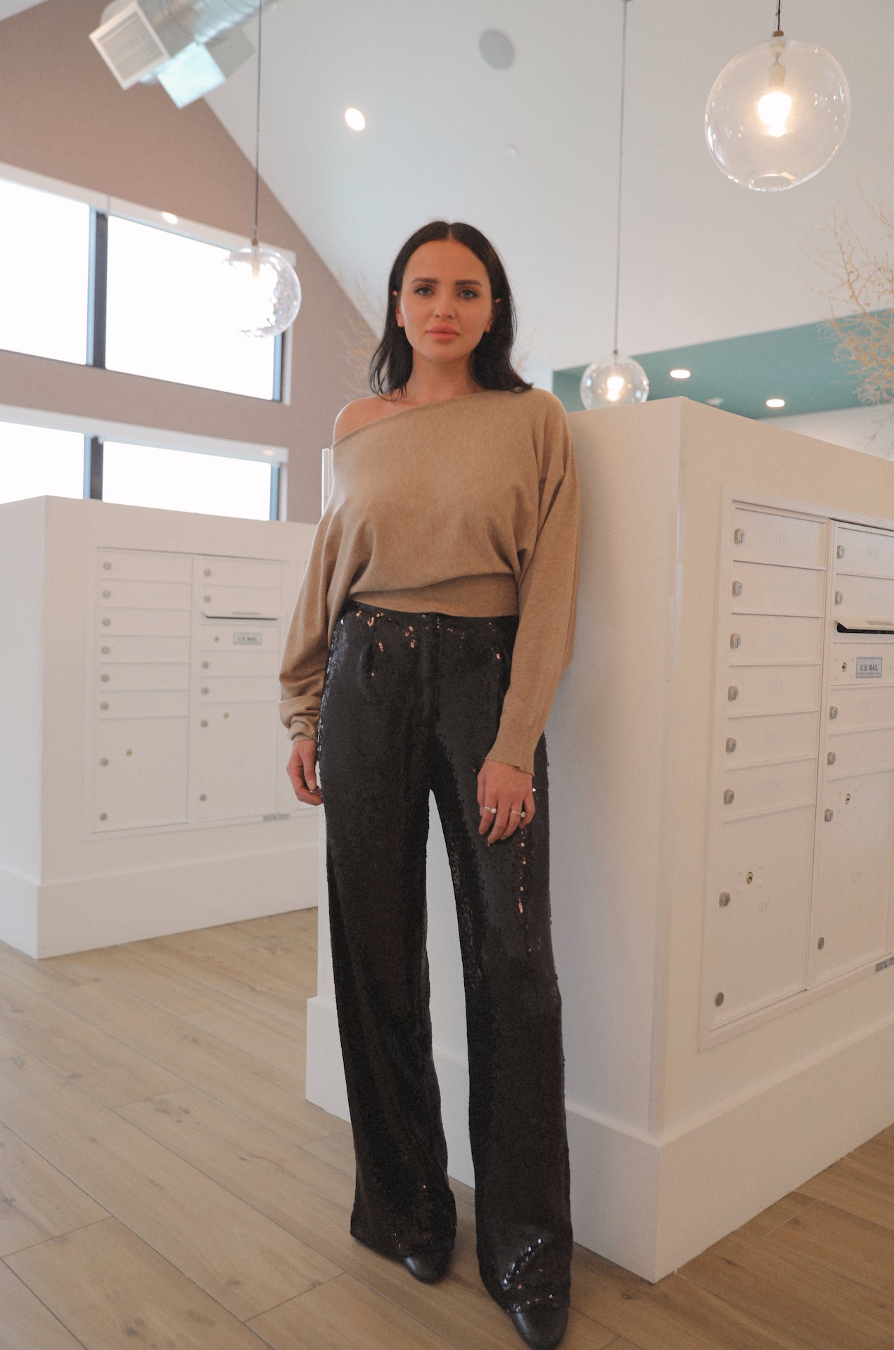 camel beige off the shoulder boat neck sweater top
