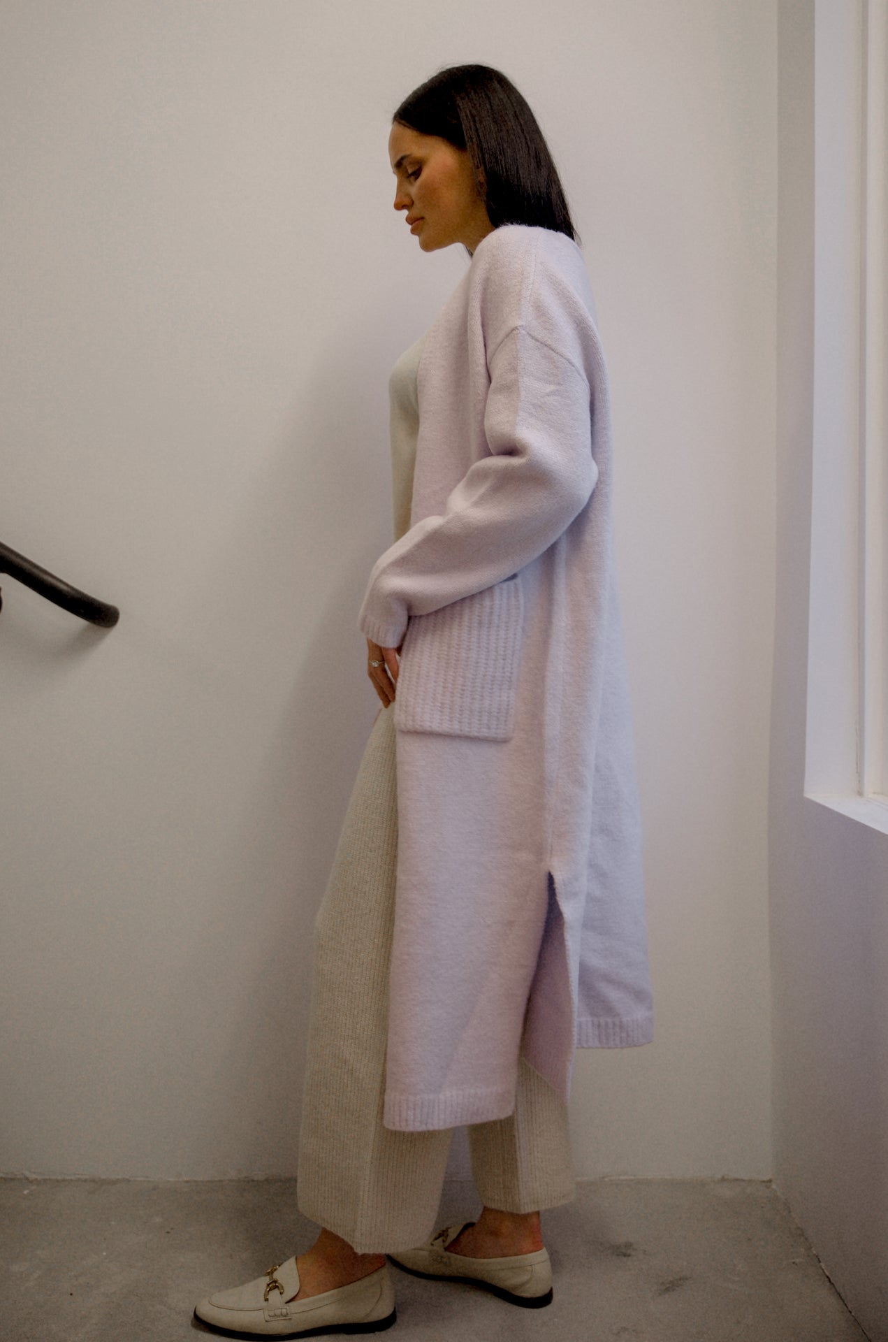 lavender long open front cardigan sweater with side slits