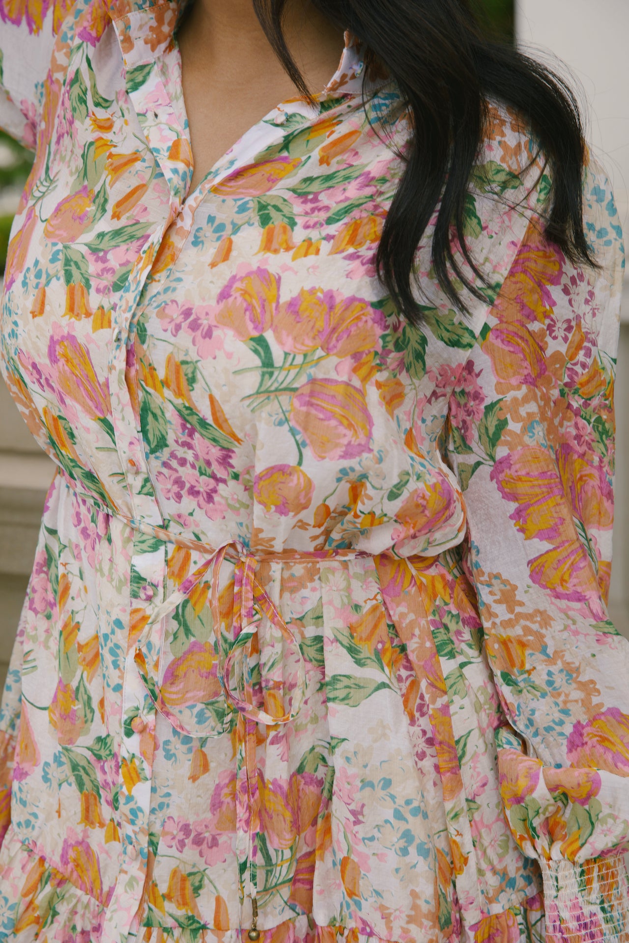 beige with orange floral mini dress with long sleeves and belted