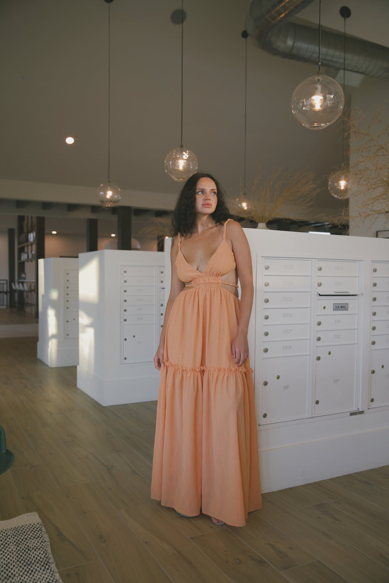 orange textured backless cutout spaghetti strap maxi dress