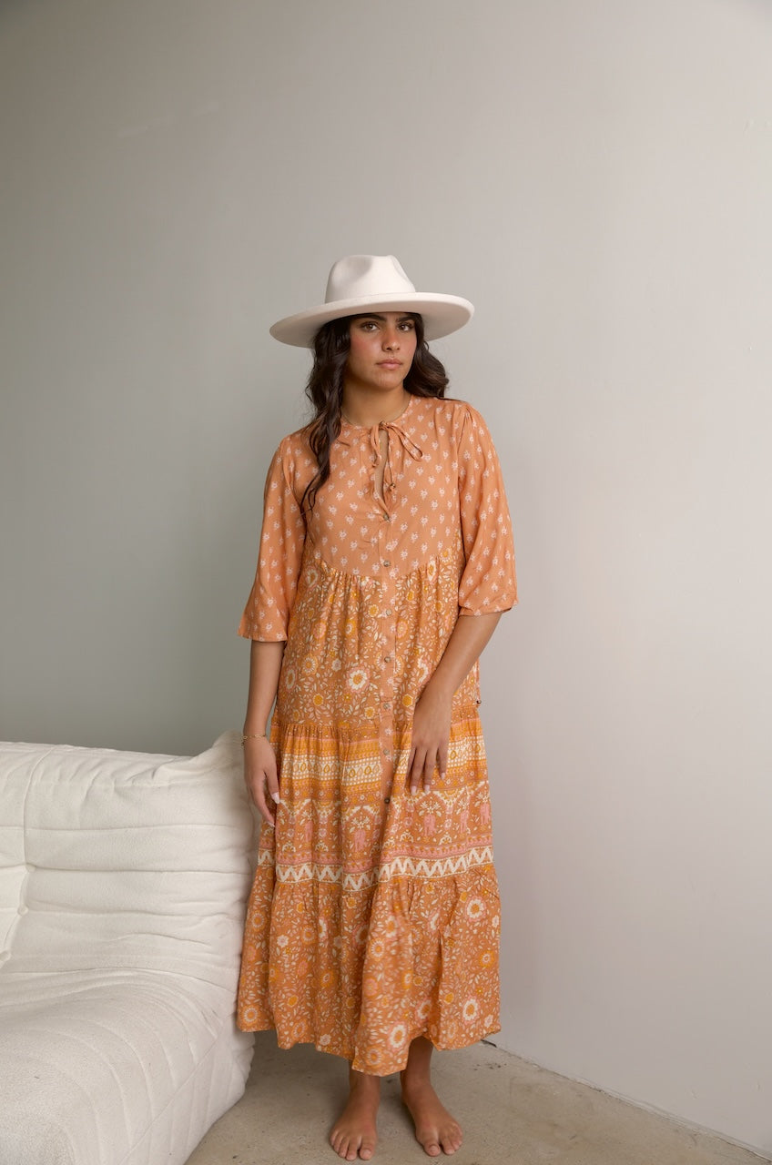 Orange Boho Floral Shirt Dress