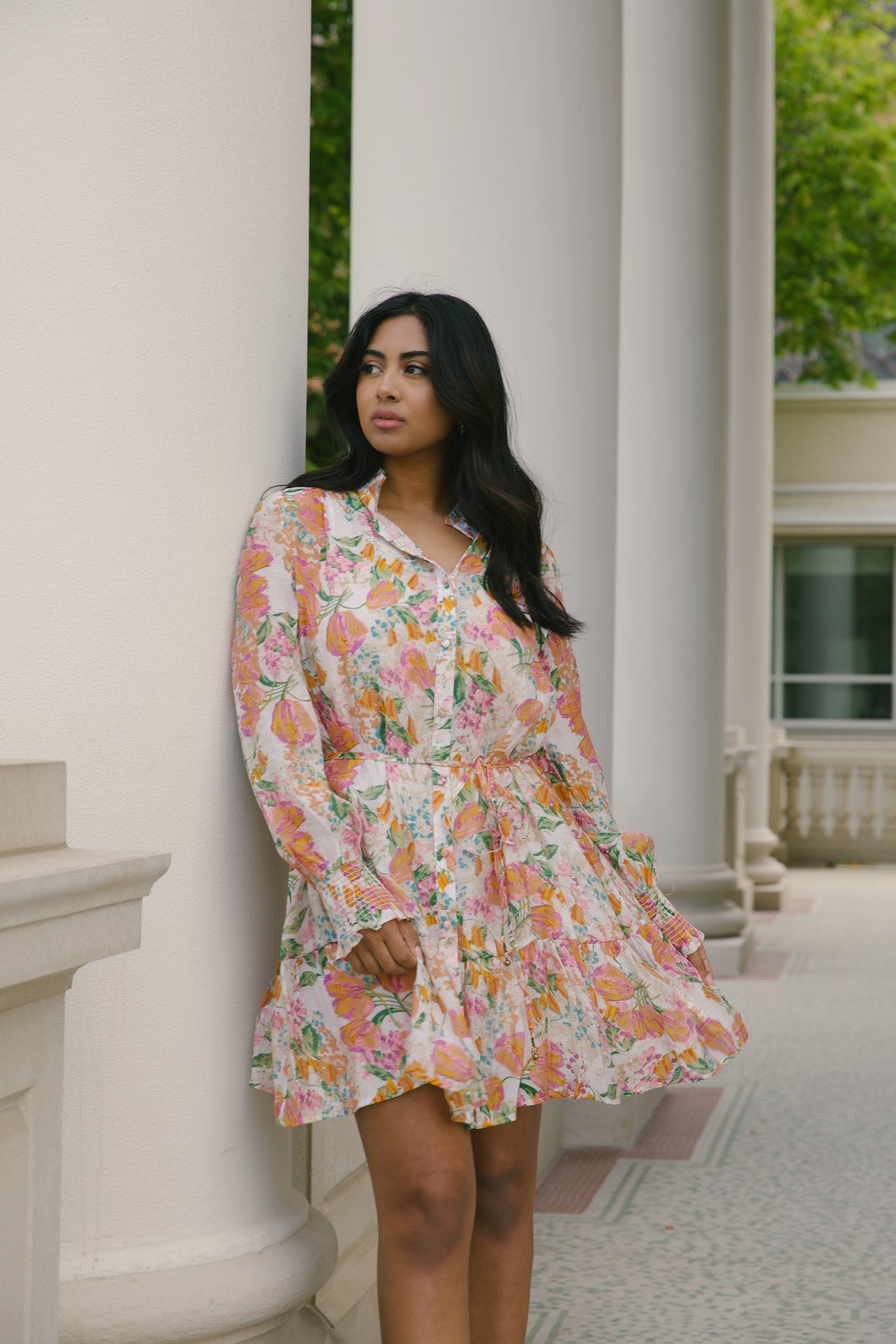 beige with orange floral mini dress with long sleeves and belted