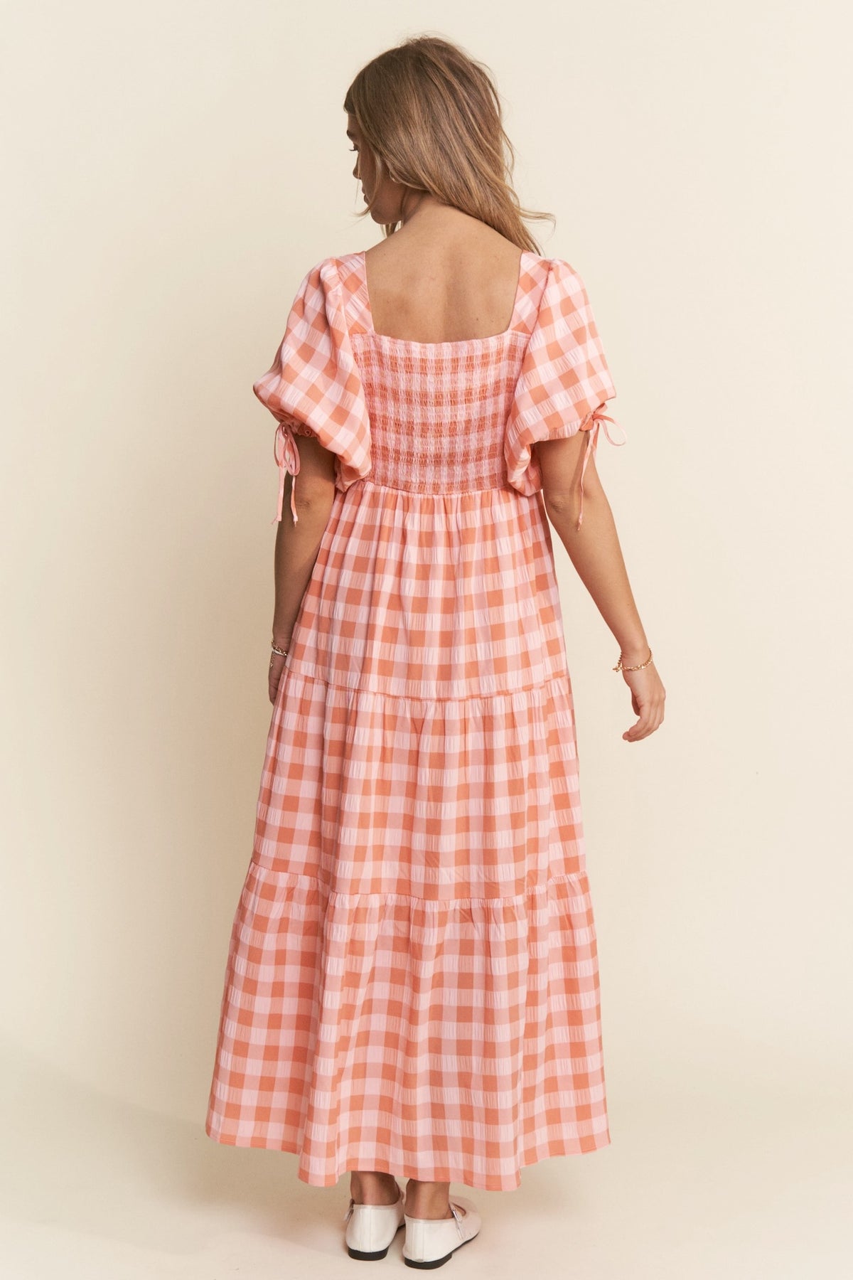 Orange Gingham Puff Sleeve Maxi Dress