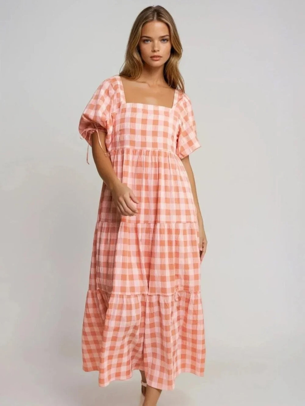 Orange Gingham Puff Sleeve Maxi Dress