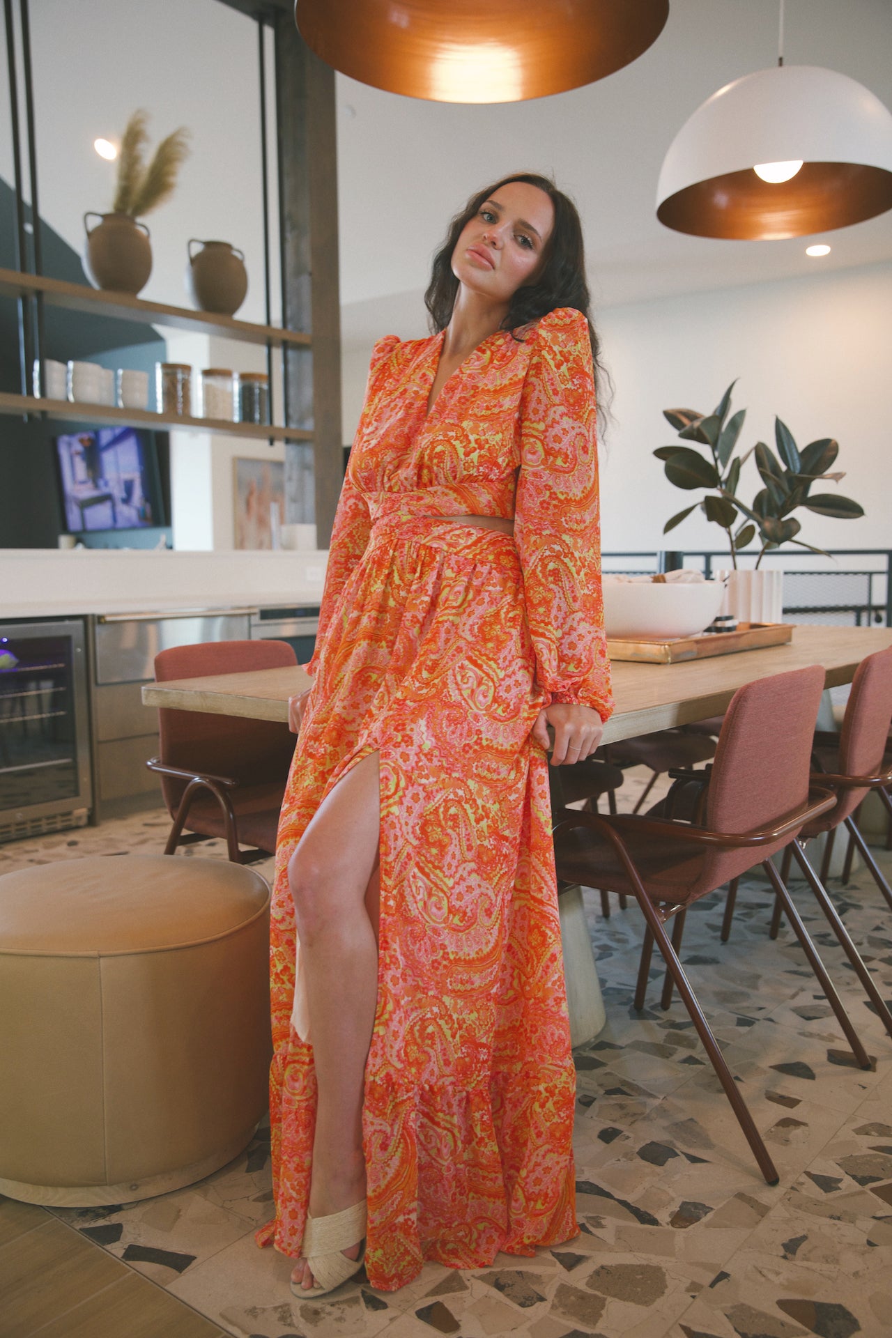 Orange Long Sleeve Maxi Dress