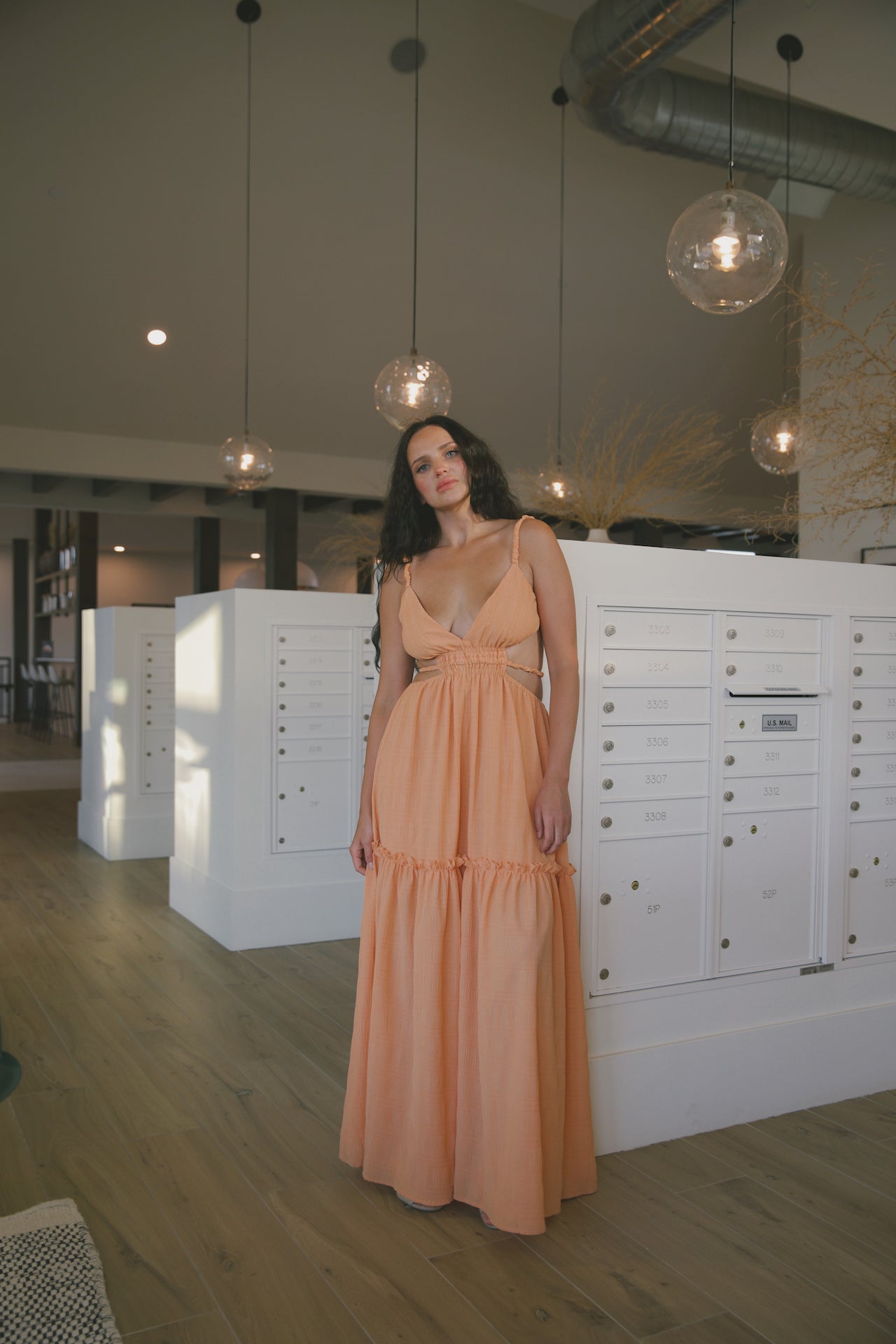 orange textured backless cutout spaghetti strap maxi dress