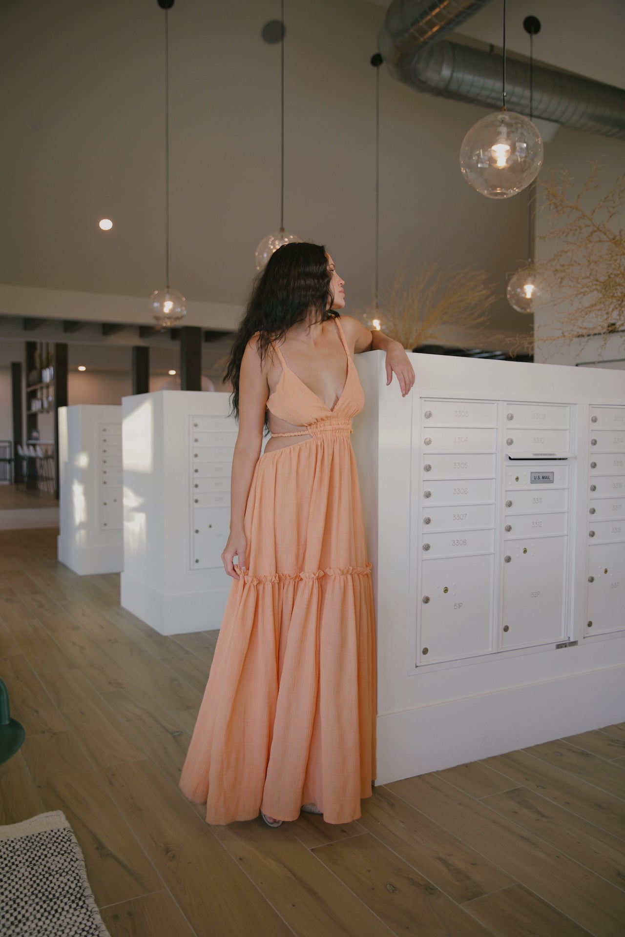 orange textured backless cutout spaghetti strap maxi dress