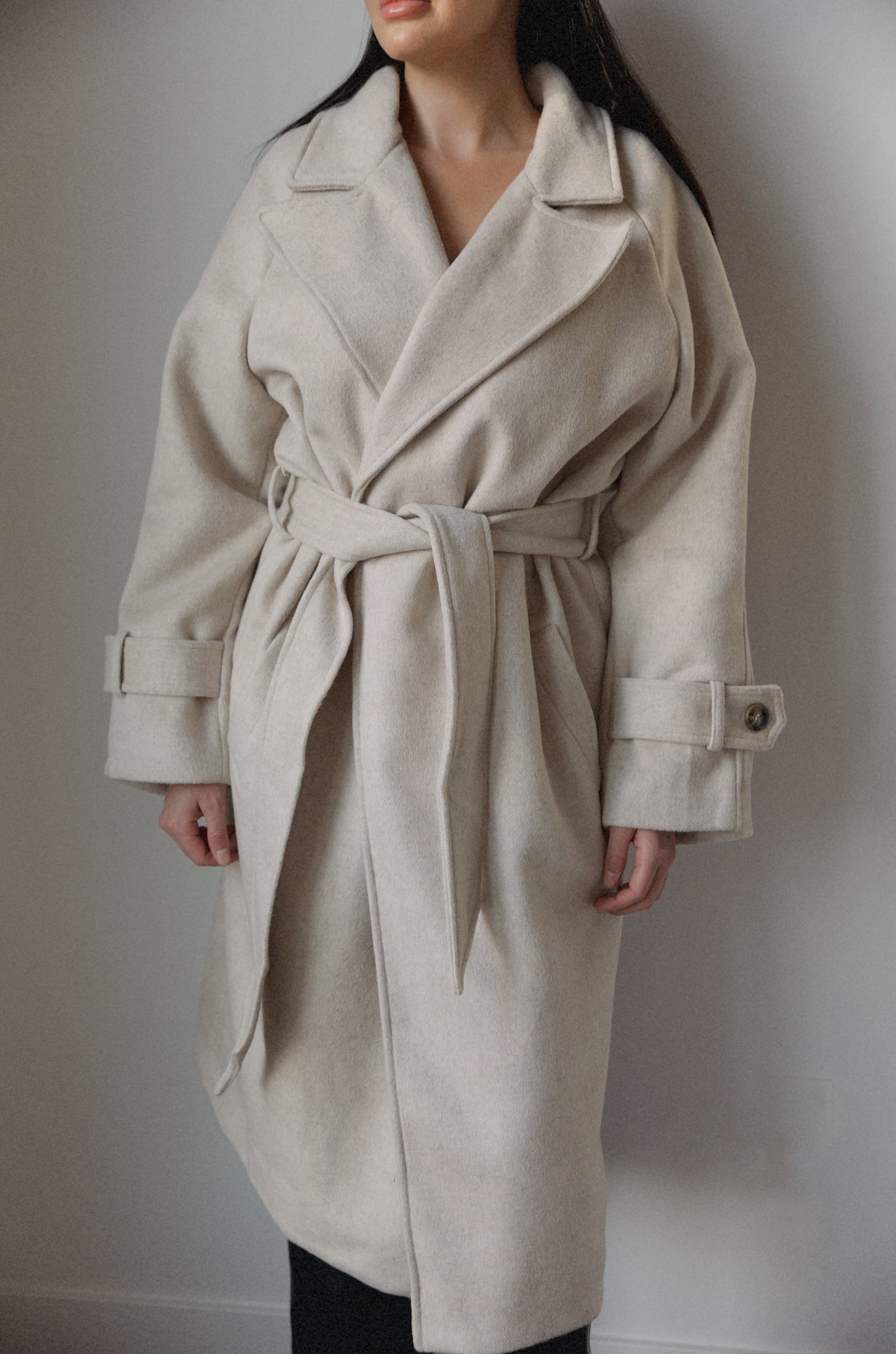 belted cream oversized wool blend coat