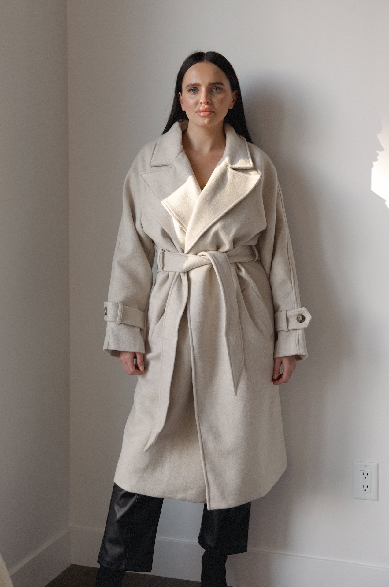 belted cream oversized wool blend coat