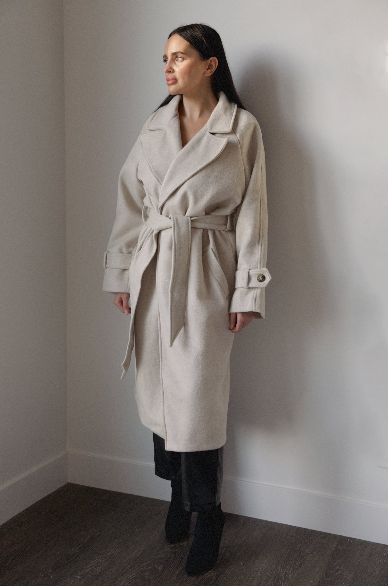 belted cream oversized wool blend coat