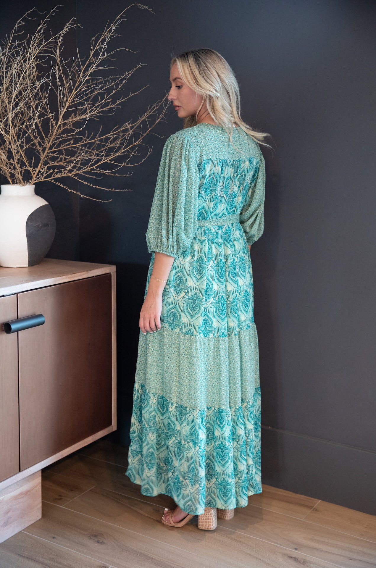 teal paisley print midi maxi tiered dress