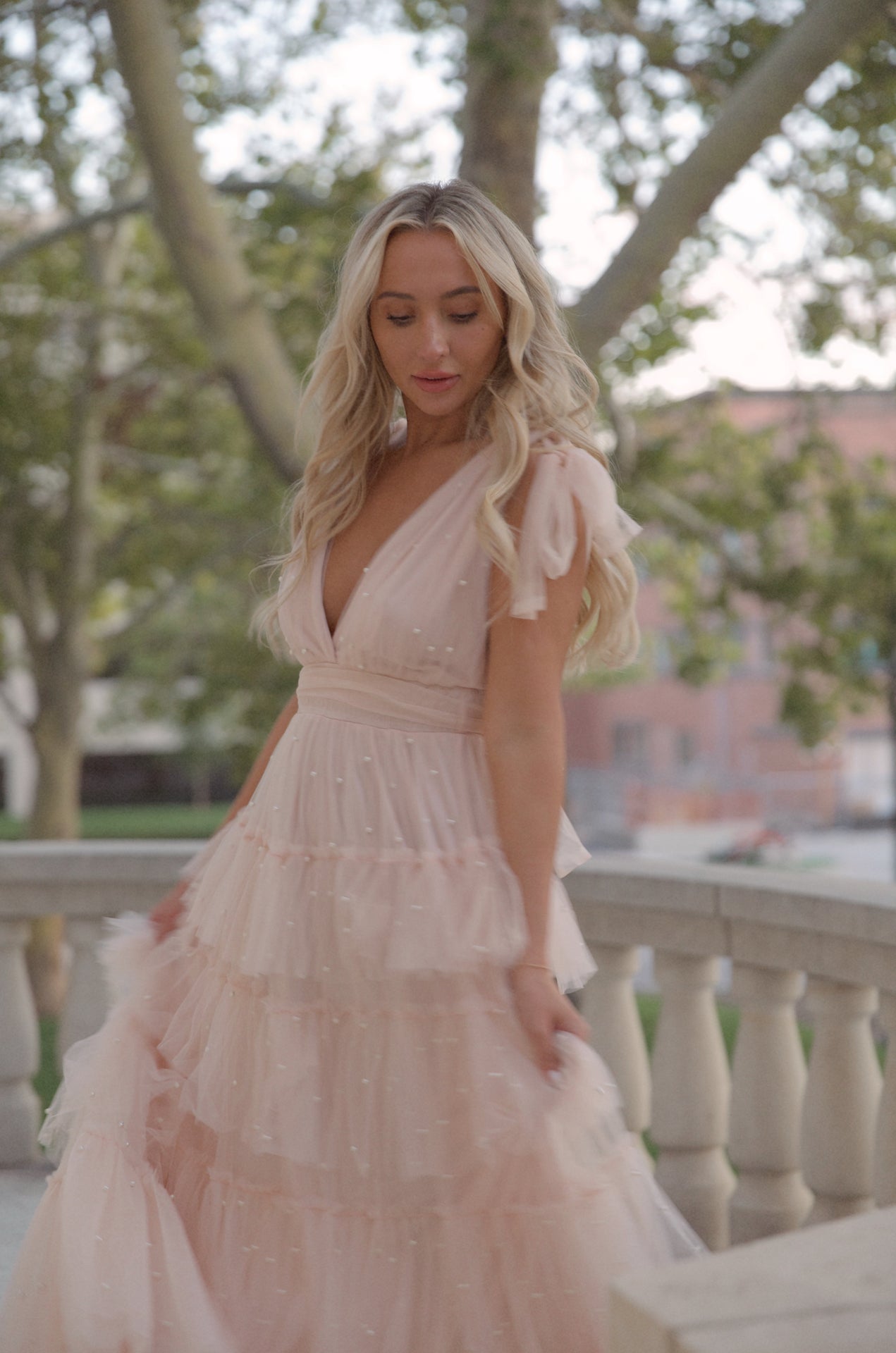pink tiered tulle maxi dress gown with pearl embellishment
