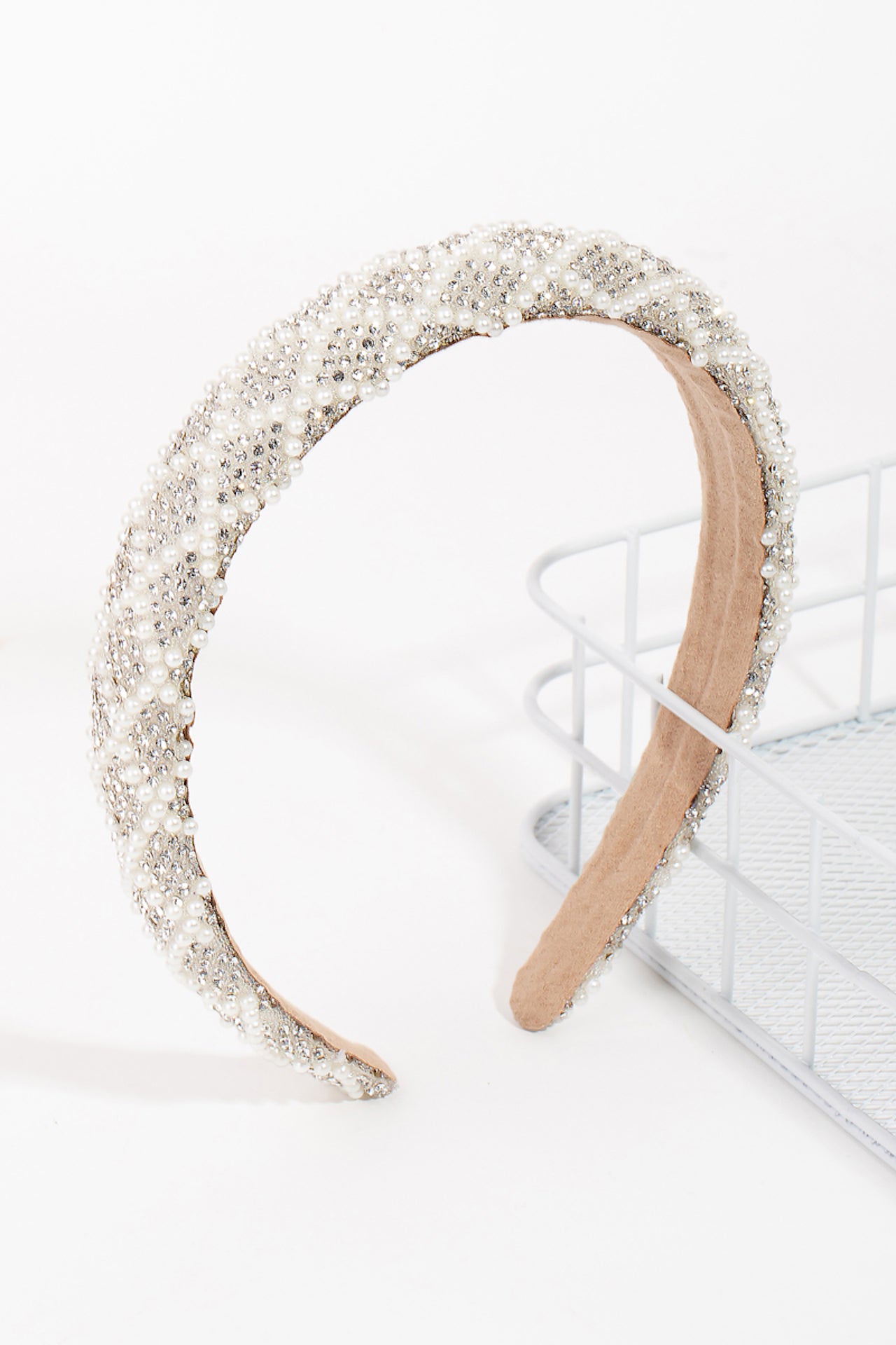 white pearl embellished rhinestone headband