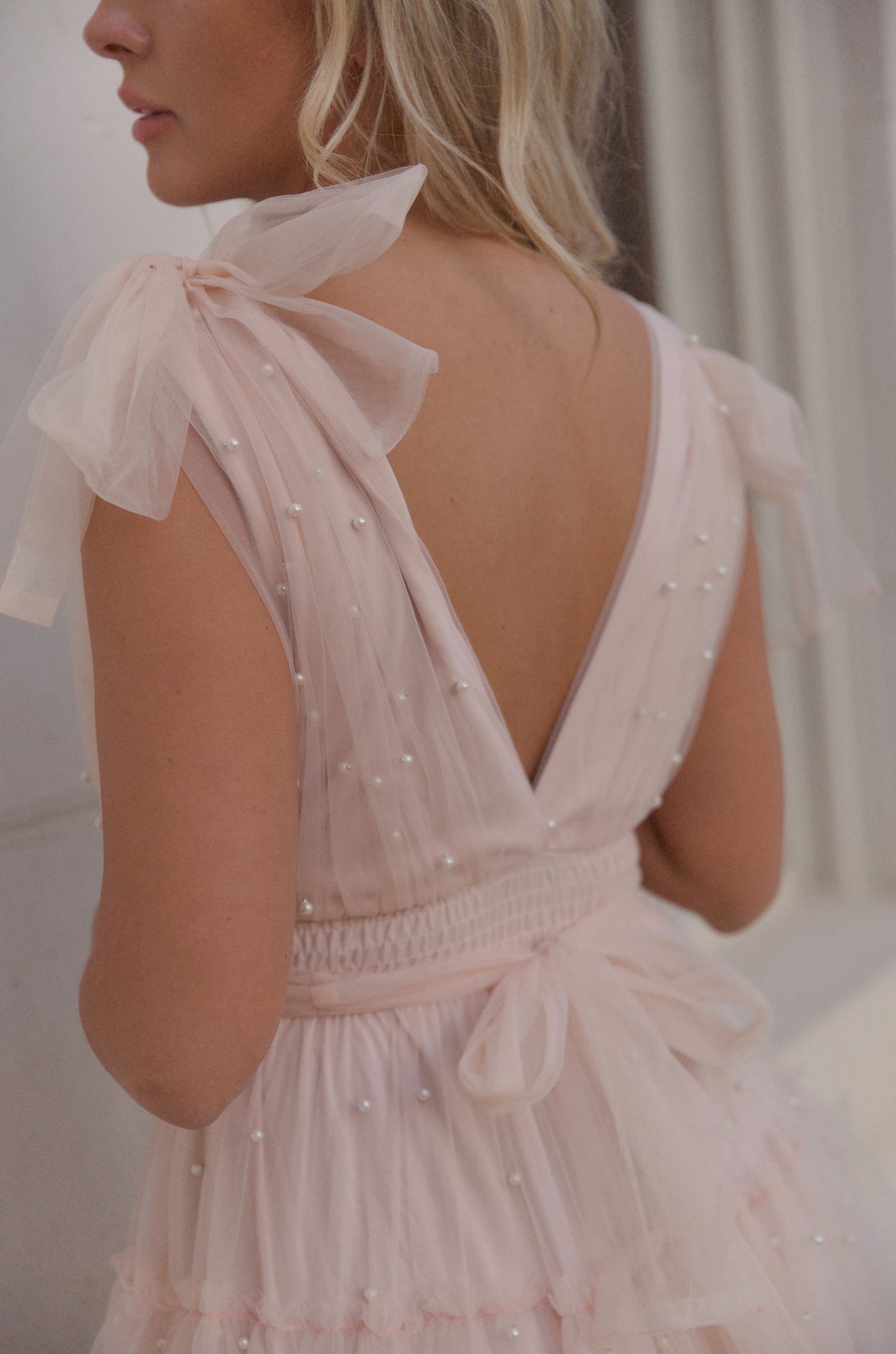 pink tiered tulle maxi dress gown with pearl embellishment