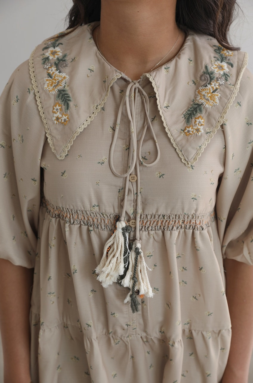 beige Embroidered Boho Puff Sleeve Babydoll Mini Dress