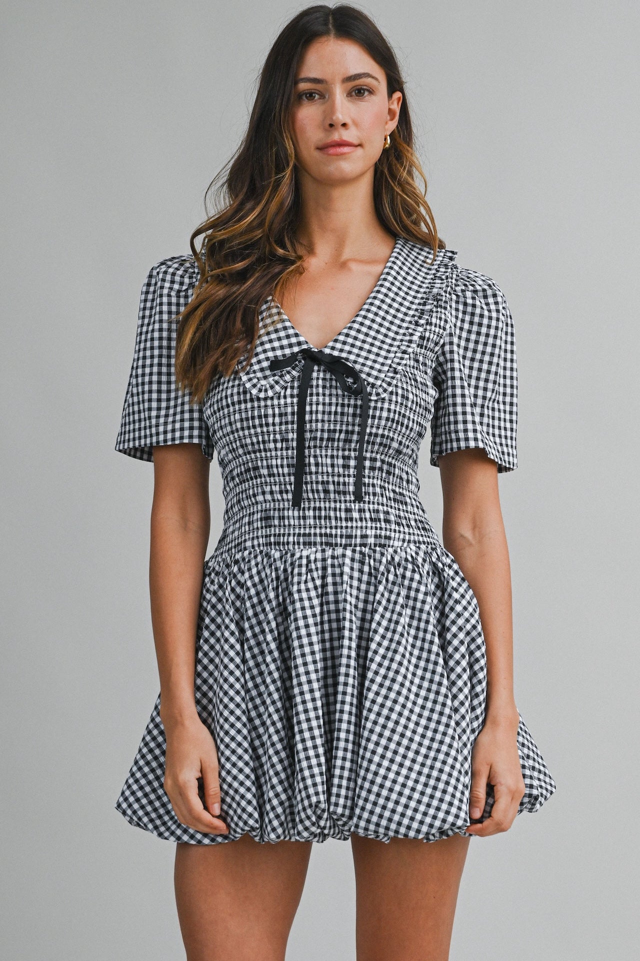 Black Gingham Puff Sleeve Mini Dress