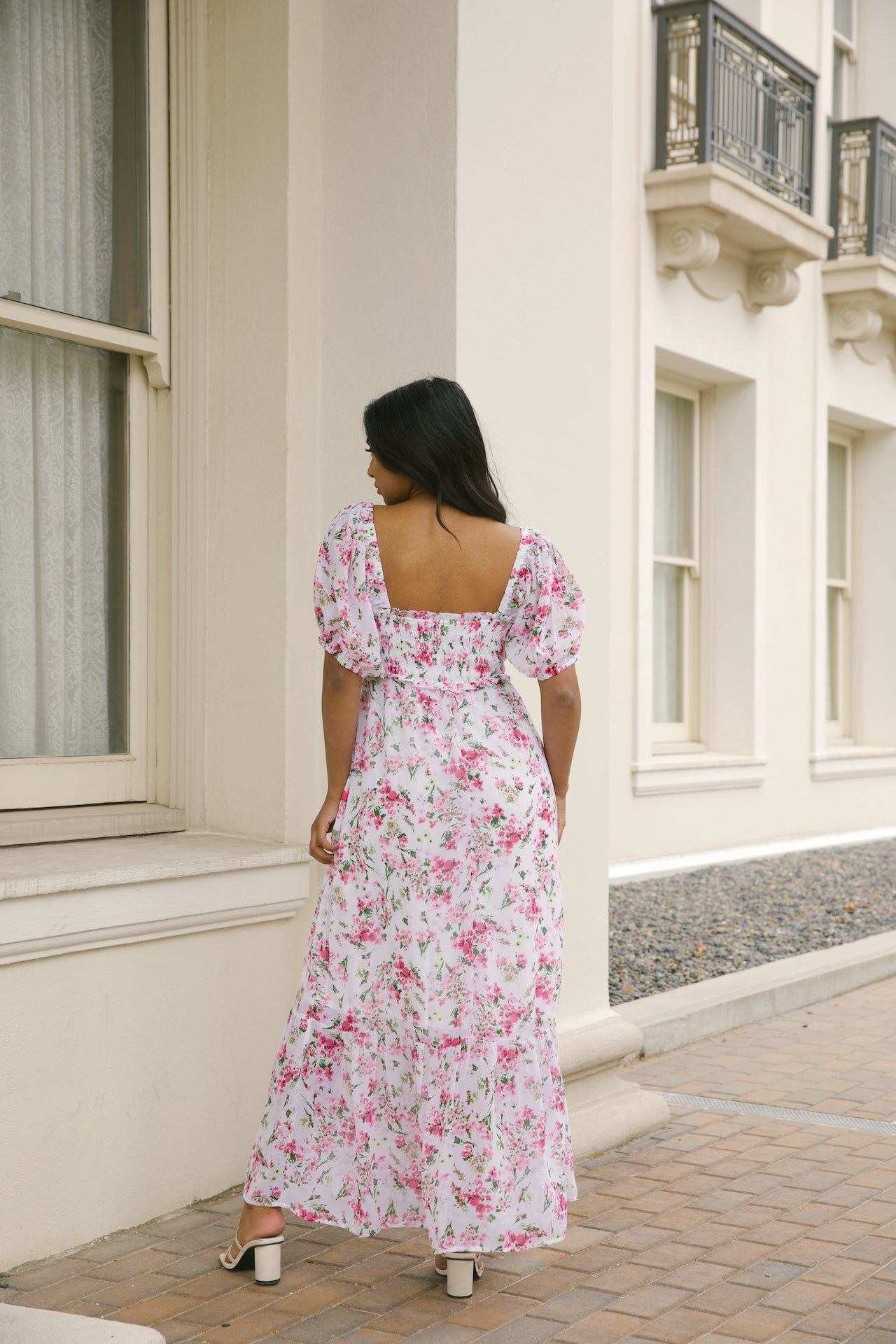 white and pink floral maxi dress with puff sleeves