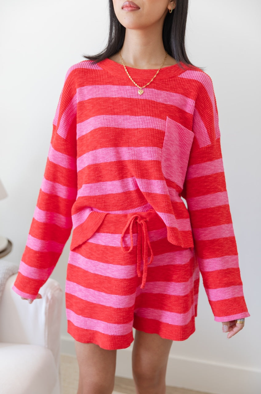 Pink/Red Striped Knit Top & Shorts Set