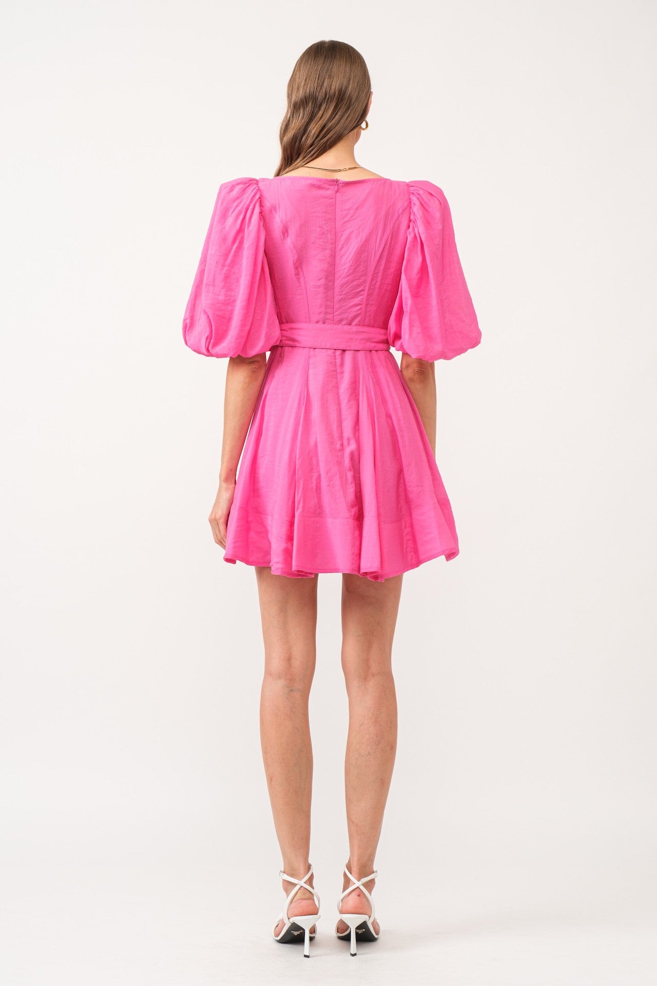 pink puff sleeve poplin babydoll mini dress with a belt