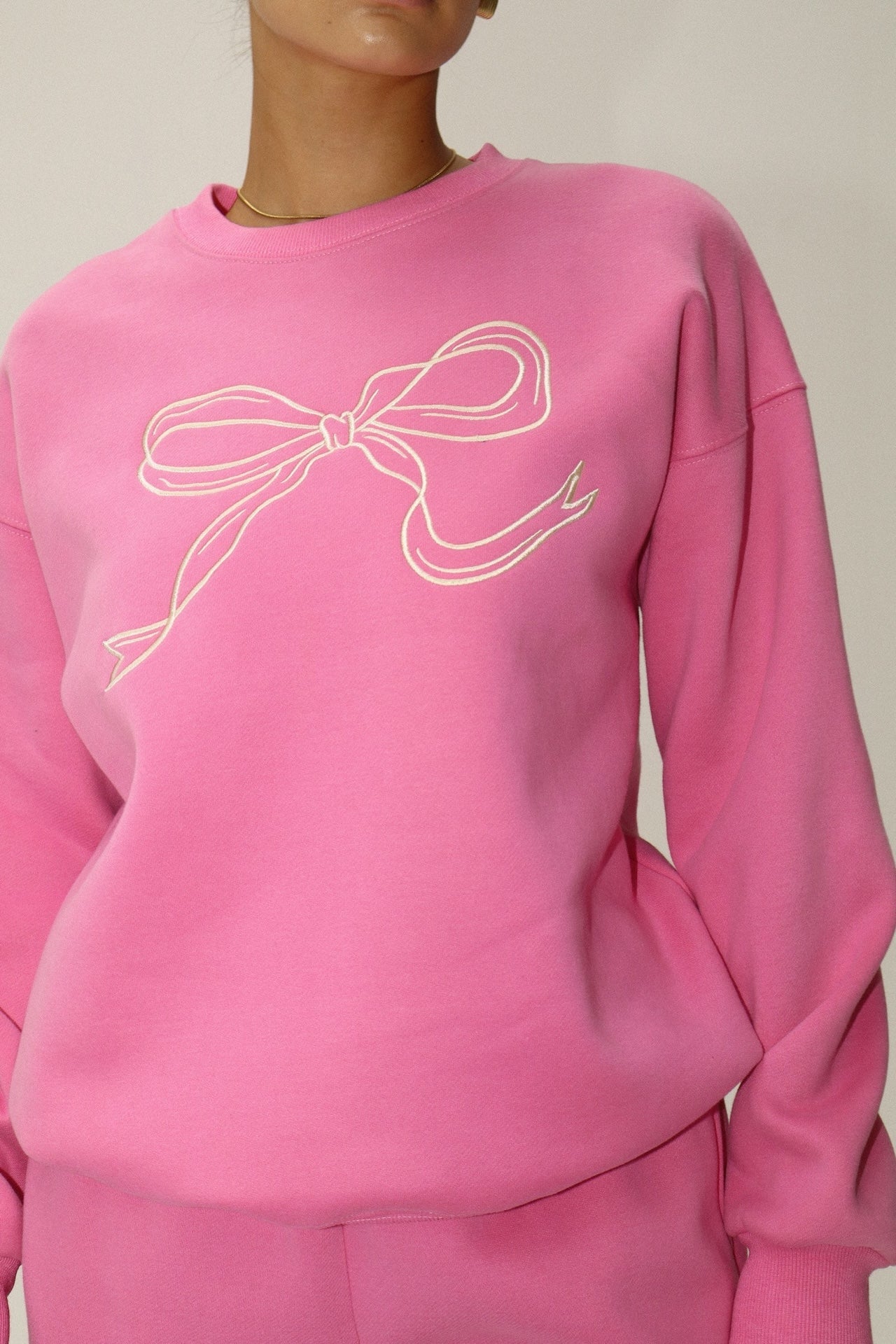 Pink Bow Embroidered Fleece Sweater